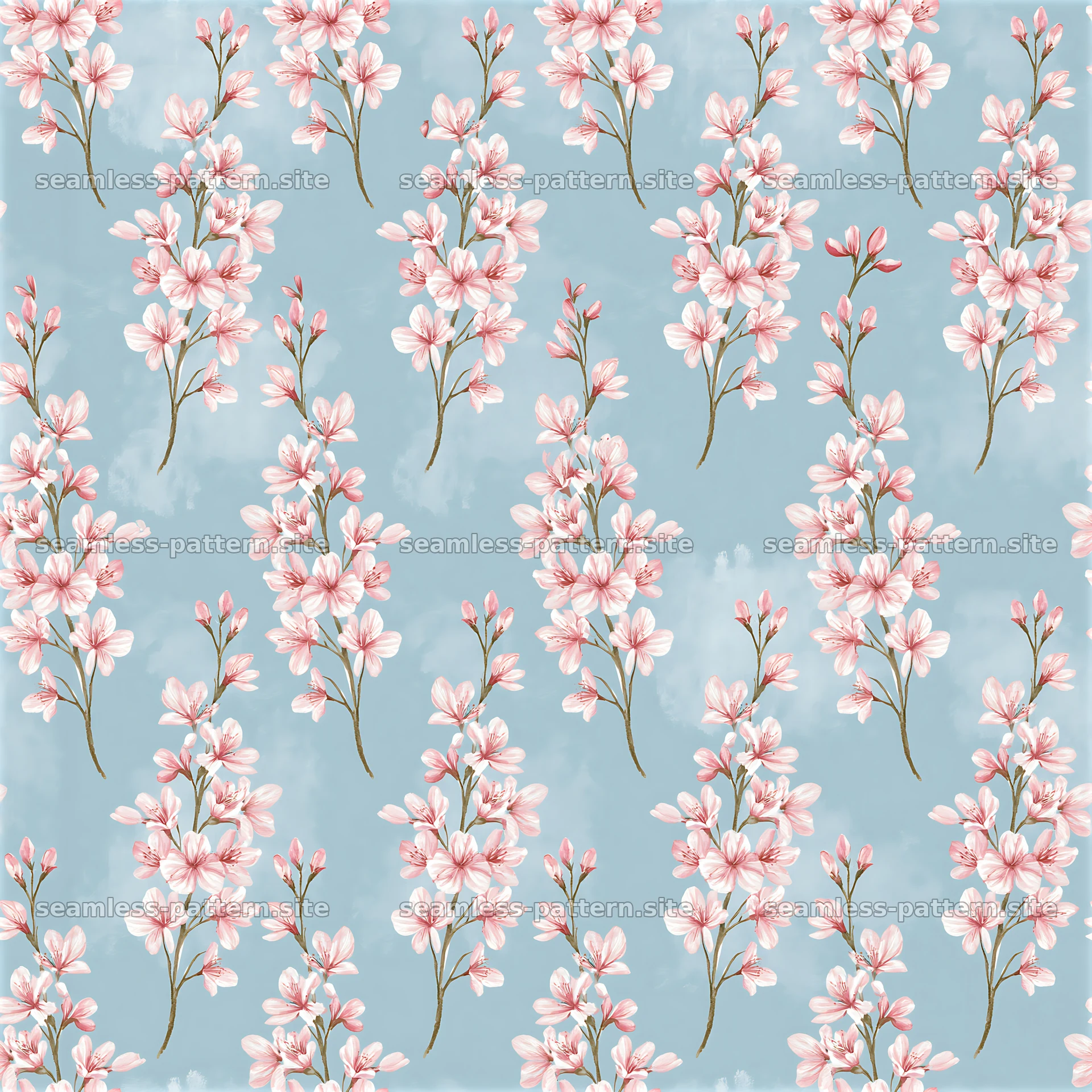 Seamless watercolor cherry blossom pattern on soft blue background — seamless tileable pattern at 8192x8192