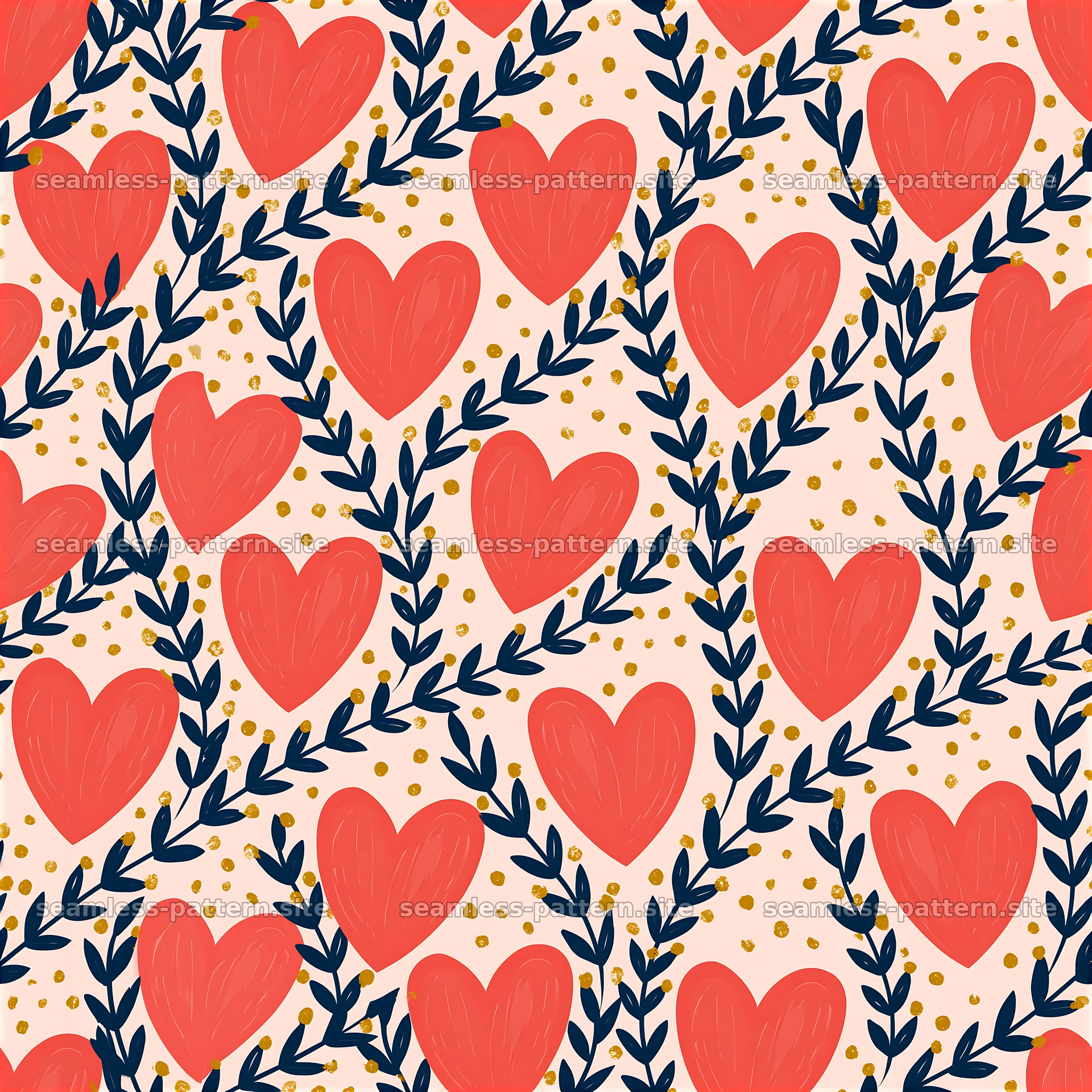Coral Heart and Navy Botanical Seamless Pattern — seamless tileable pattern at 8192x8192