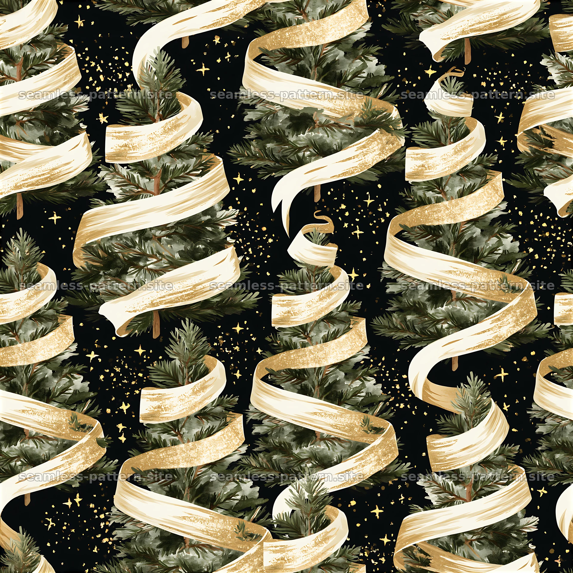 Ribbon-wrapped Christmas trees on a dark background seamless pattern — seamless tileable pattern at 8192x8192