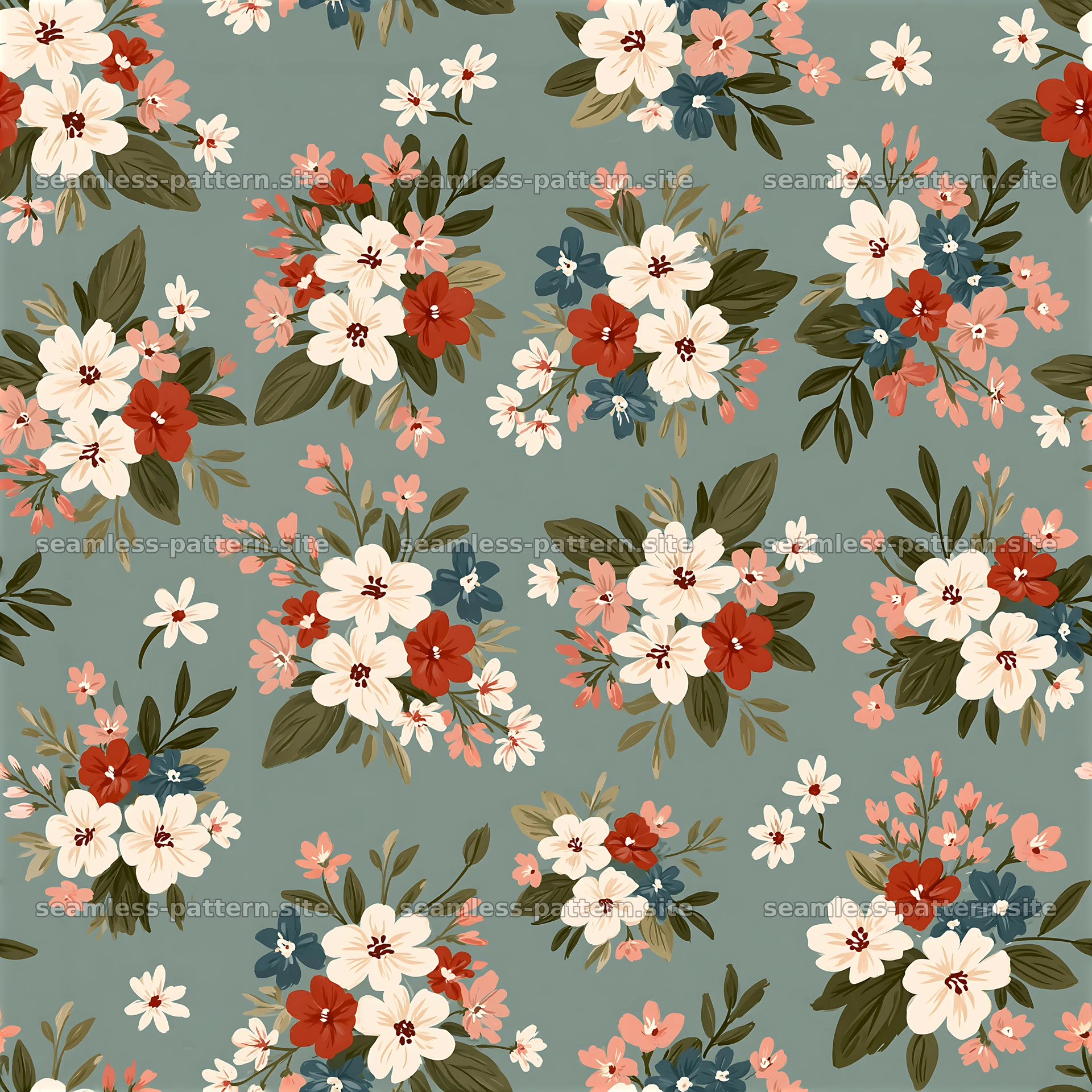 Cute Floral Doodles Seamless Pattern on Sage Green — seamless tileable pattern at 8192x8192