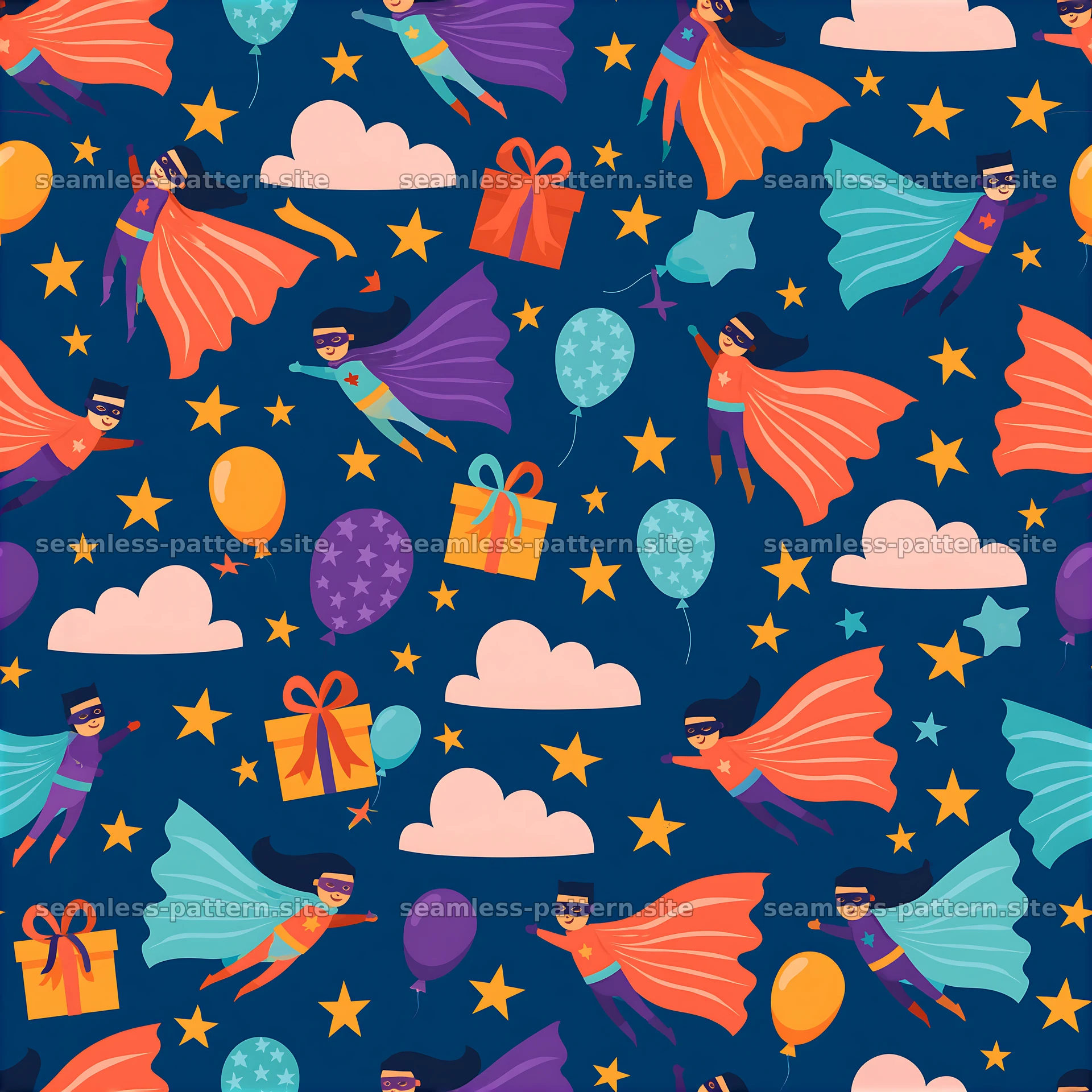 Birthday Superhero Party Seamless Pattern — seamless tileable pattern at 8192x8192