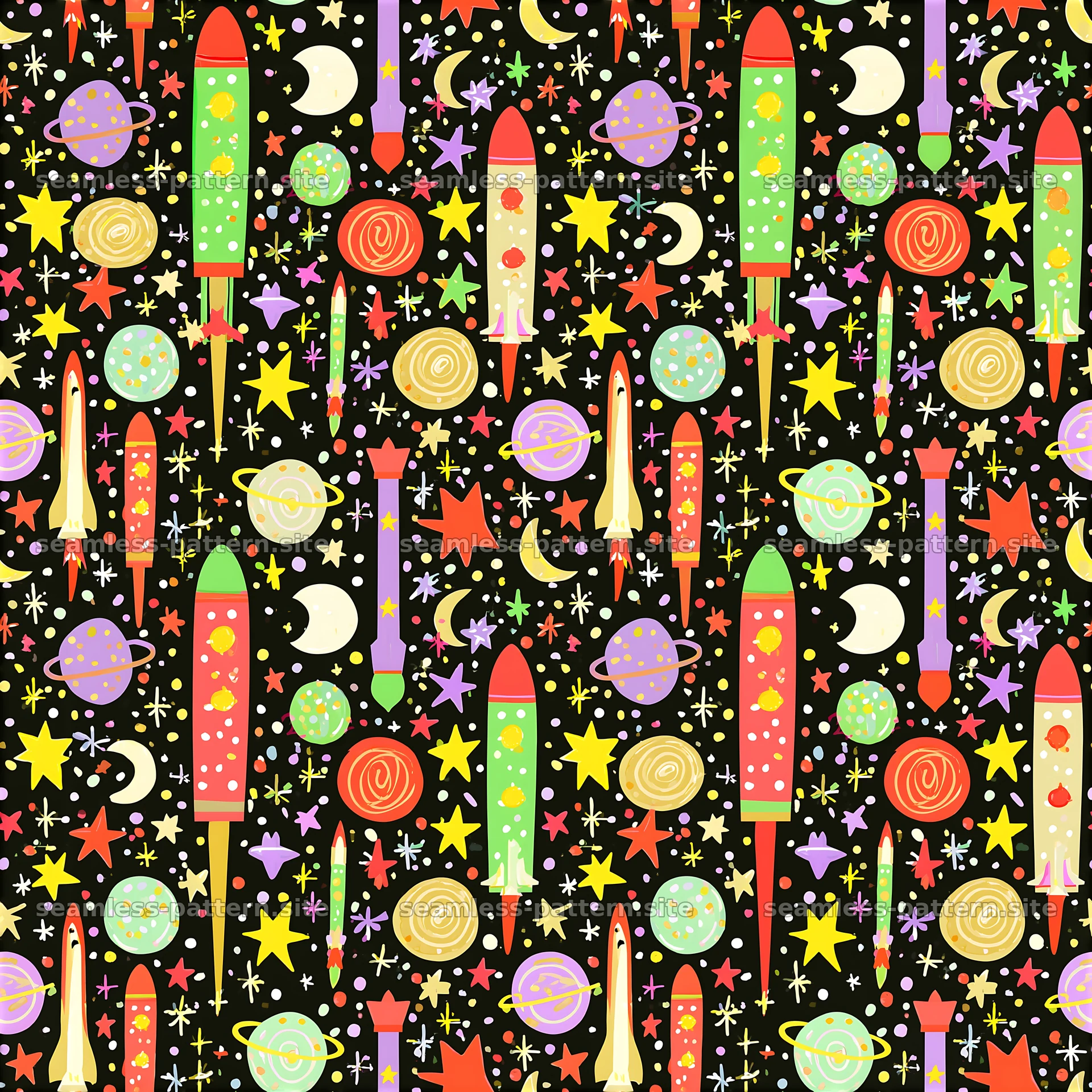 Colorful Space Rocket and Planet Seamless Pattern — seamless tileable pattern at 8192x8192