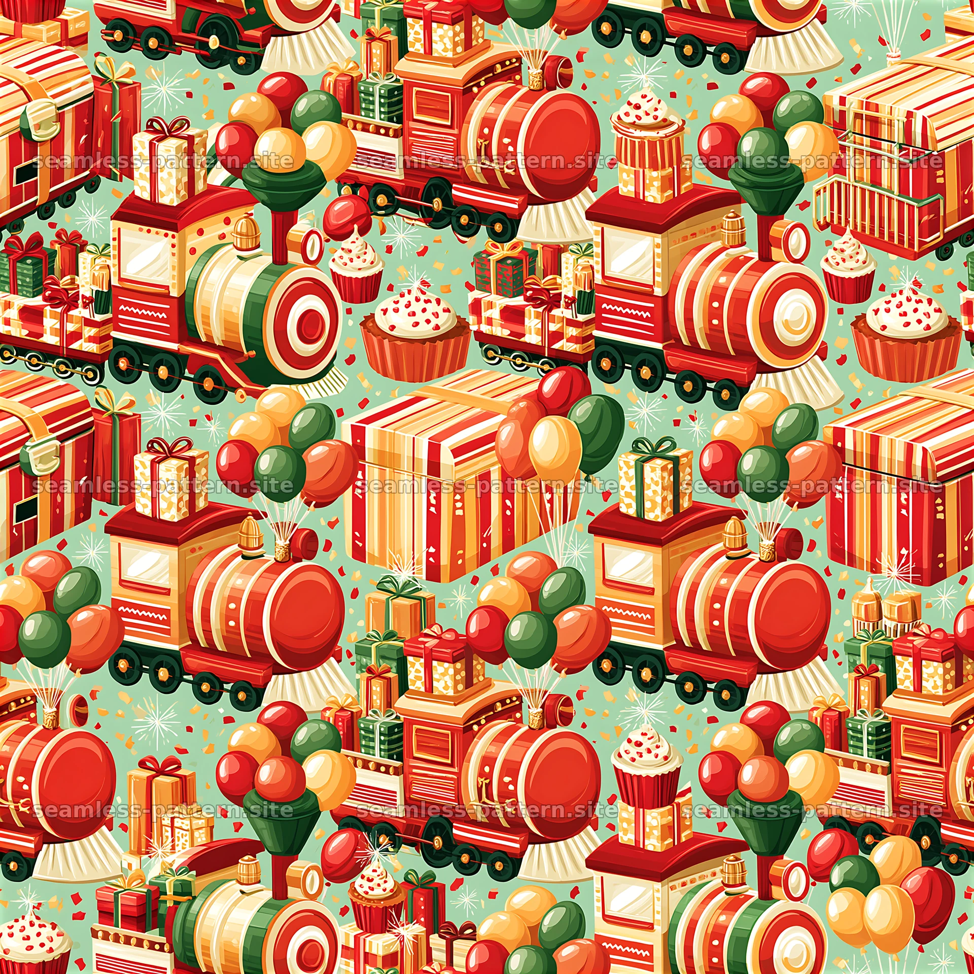 Colorful birthday train seamless pattern with gifts and balloons — seamless tileable pattern at 8192x8192