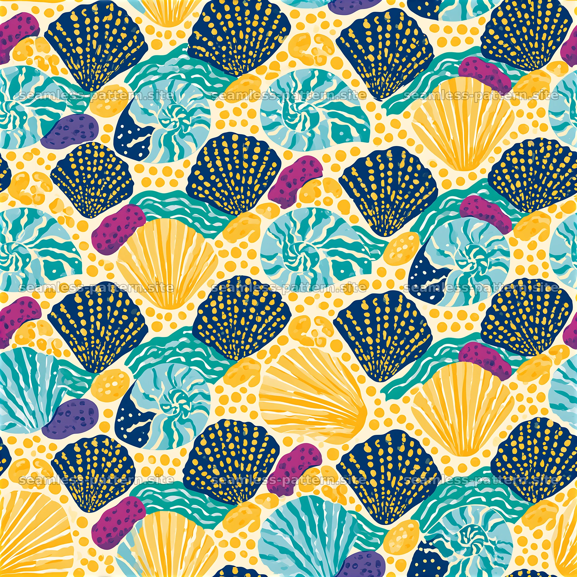 Bright marine shell seamless pattern with vibrant colors — seamless tileable pattern at 8192x8192