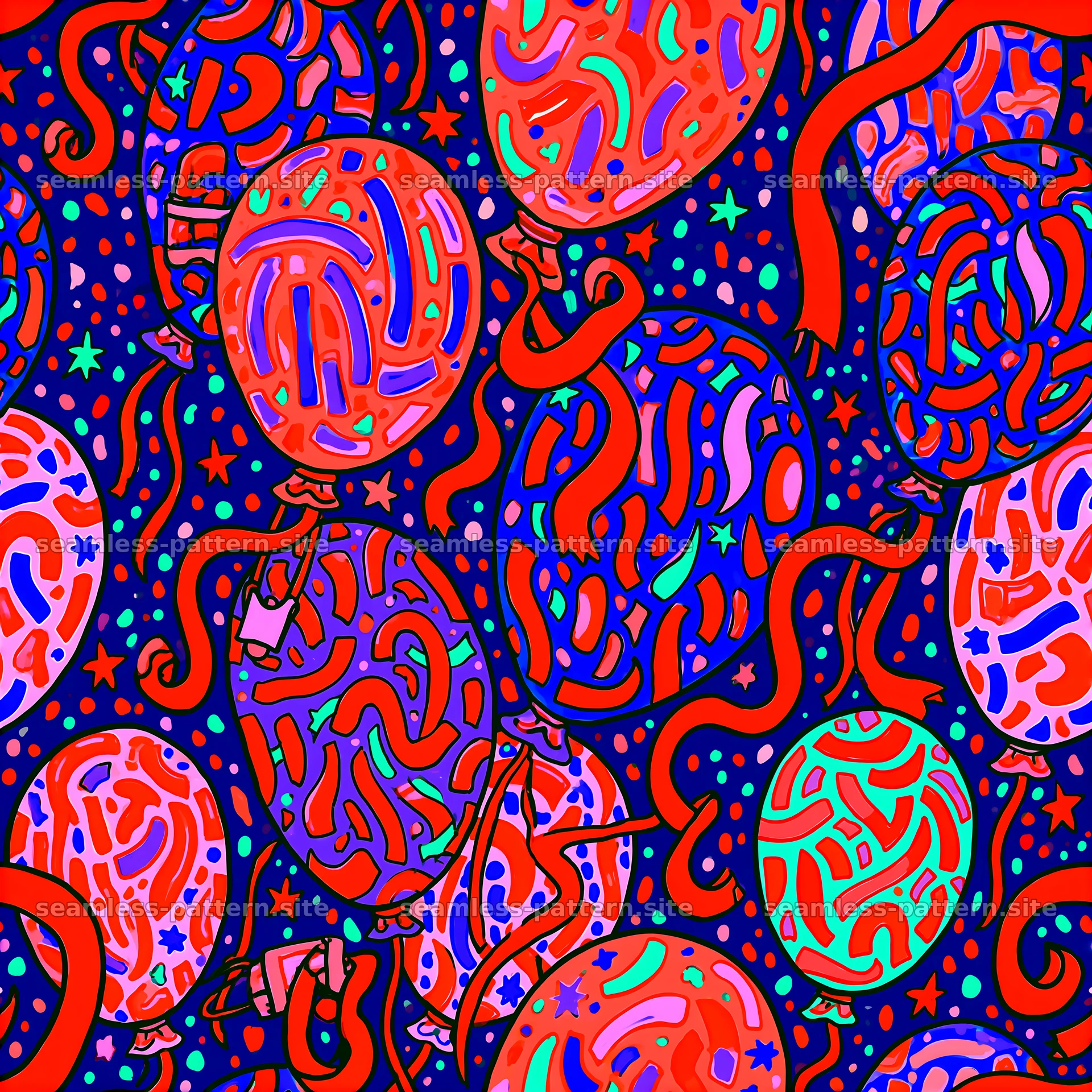 Colorful Birthday Balloon and Ribbon Seamless Pattern — seamless tileable pattern at 8192x8192