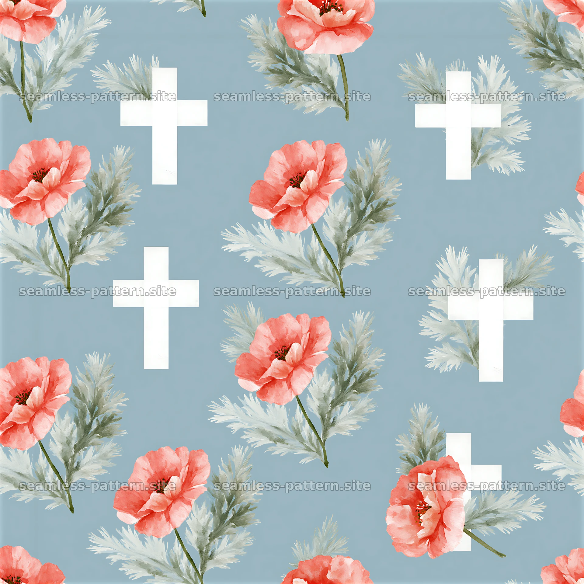 Seamless Christian cross pattern with soft watercolor florals — seamless tileable pattern at 8192x8192
