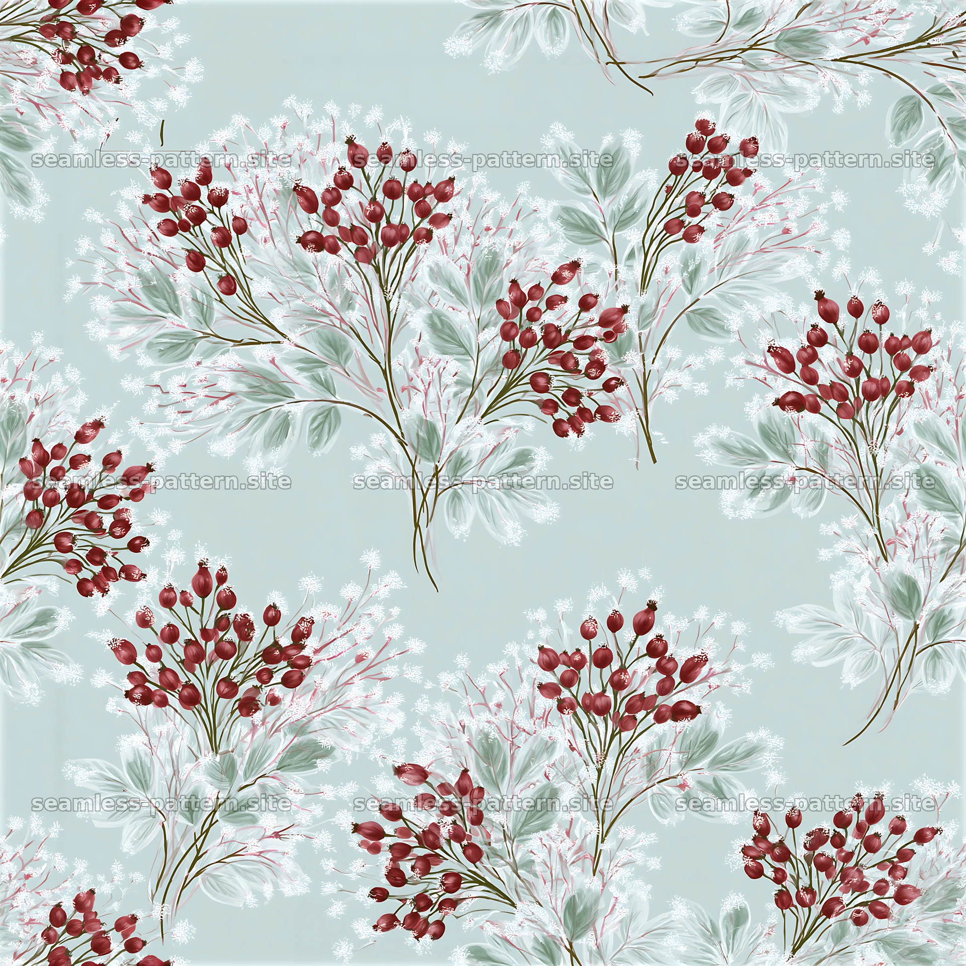 Frosted winter berry and foliage seamless pattern — seamless tileable pattern at 8192x8192