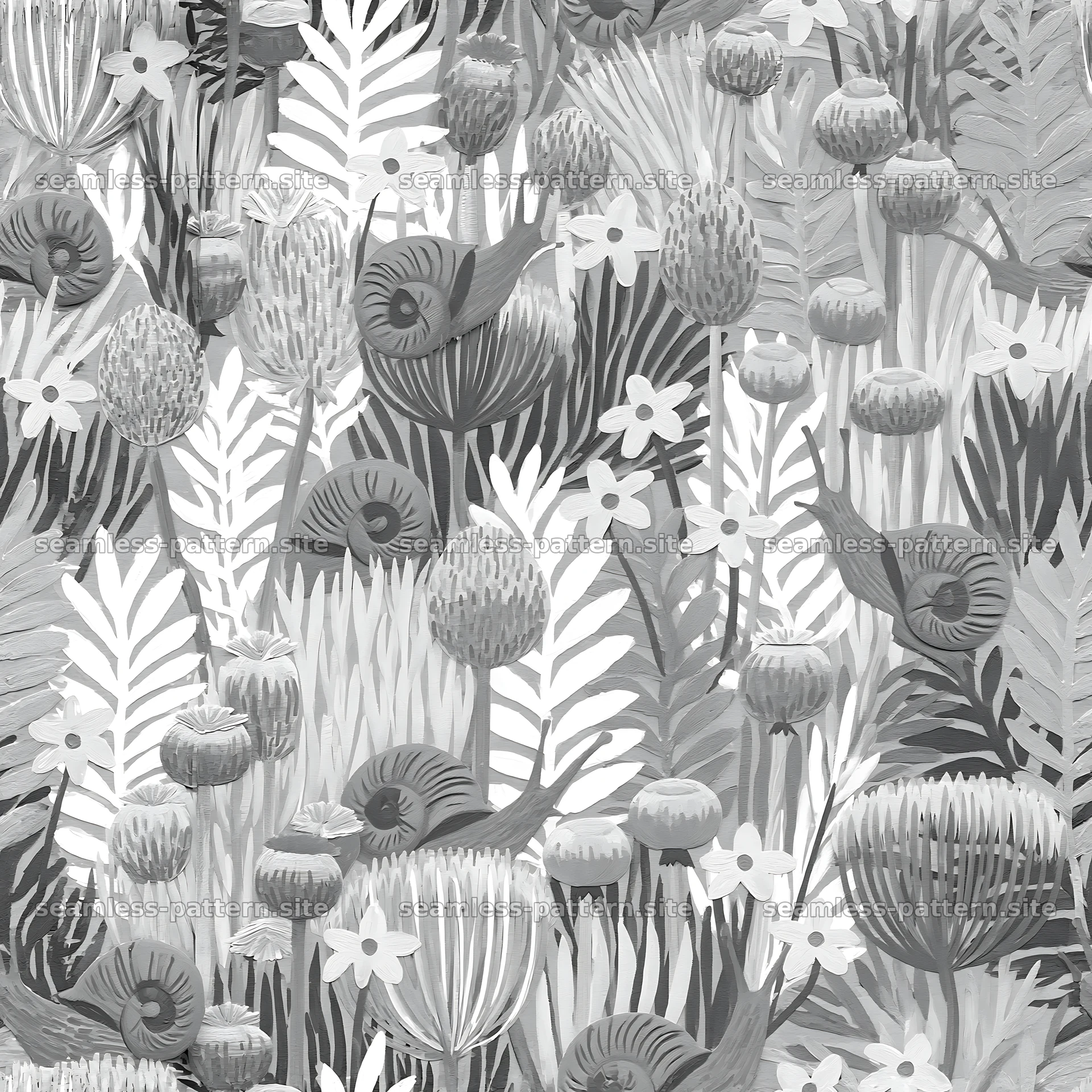 Red snail botanical repeat pattern for textiles and wallpaper — seamless tileable pattern