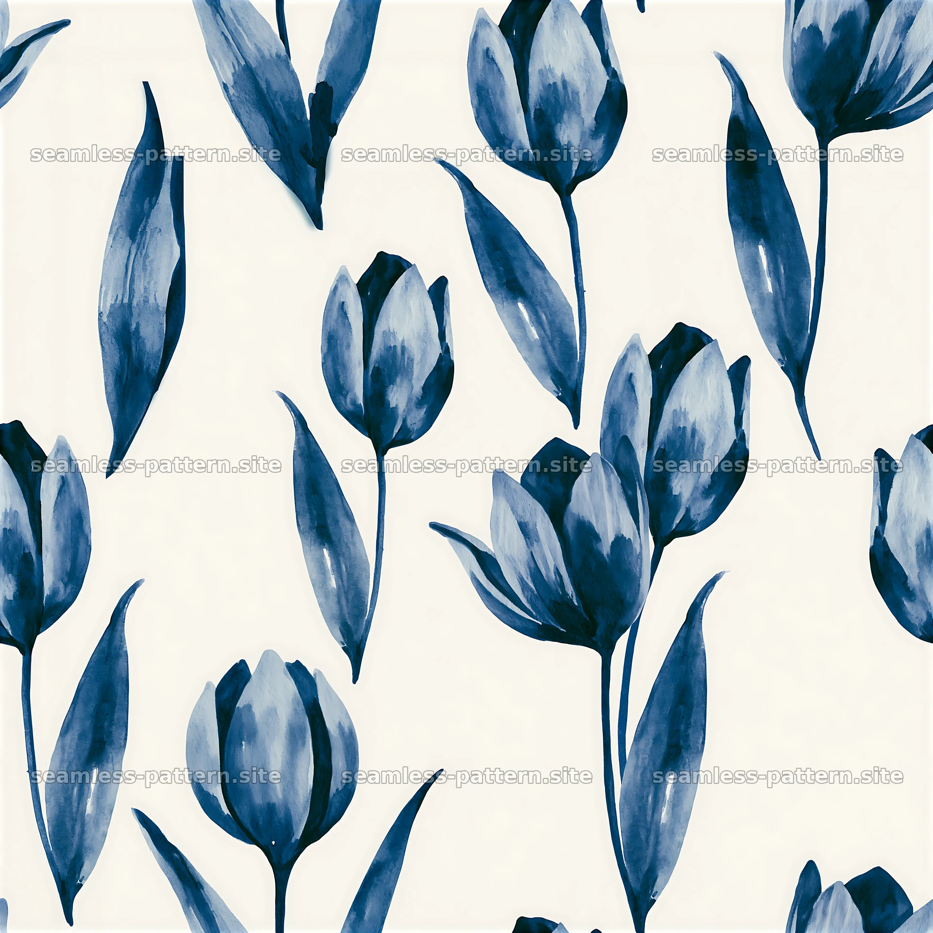 Blue floral seamless pattern with tulips on white background — seamless tileable pattern at 8192x8192