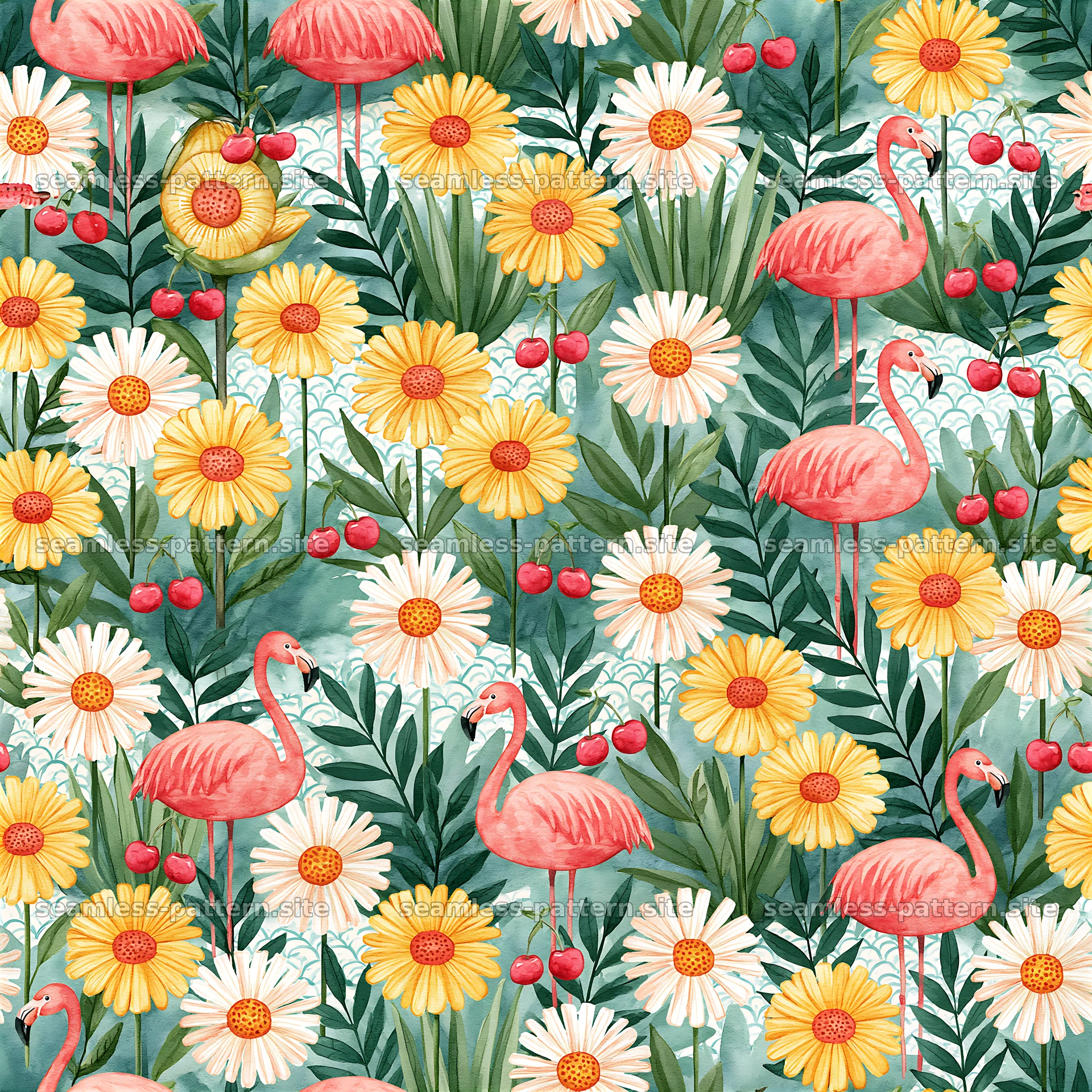 Flamingos and flowers in colorful seamless pattern — seamless tileable pattern at 8192x8192