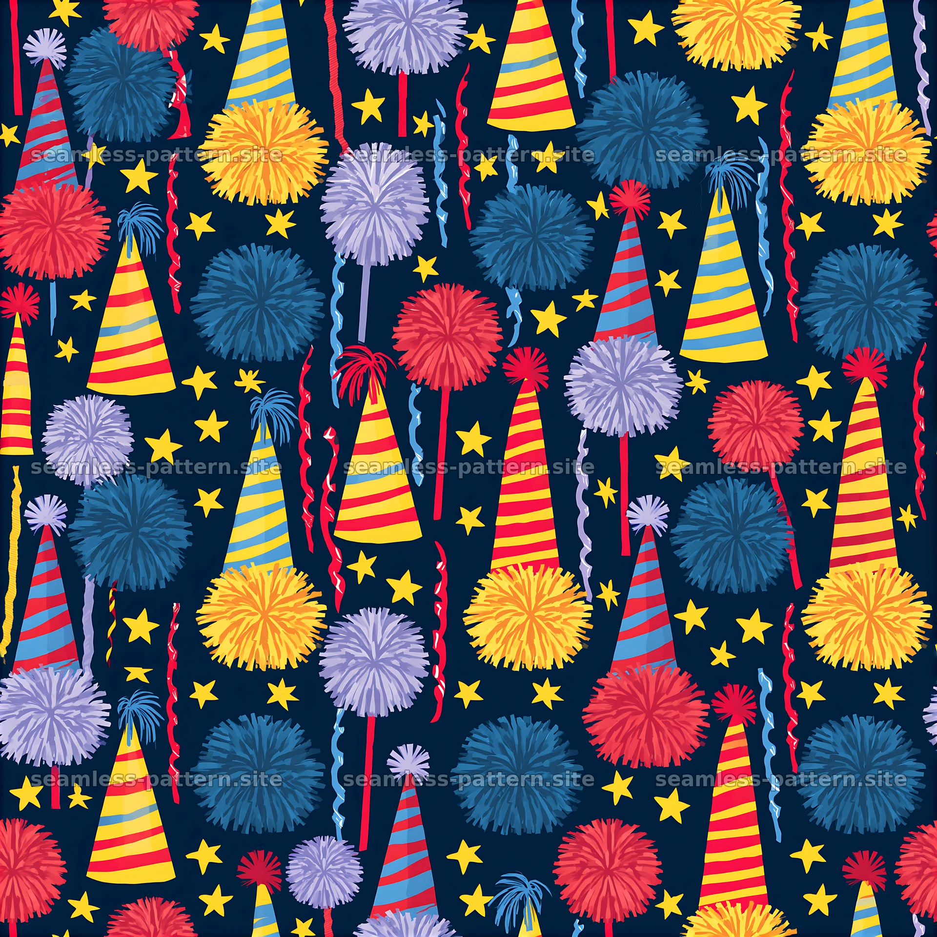 Colorful party hats and pom-poms in a cheerful seamless pattern — seamless tileable pattern at 8192x8192