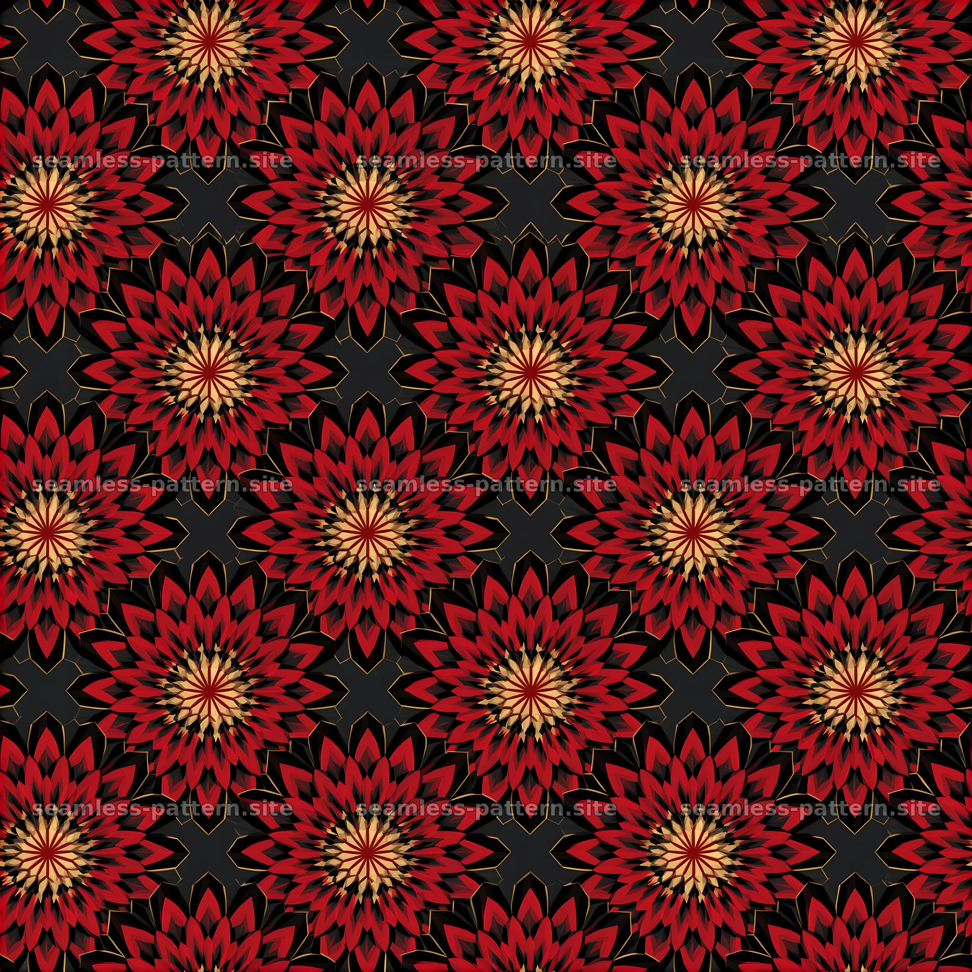 Geometric flower pattern in black, red, and gold colors — seamless tileable pattern at 8192x8192