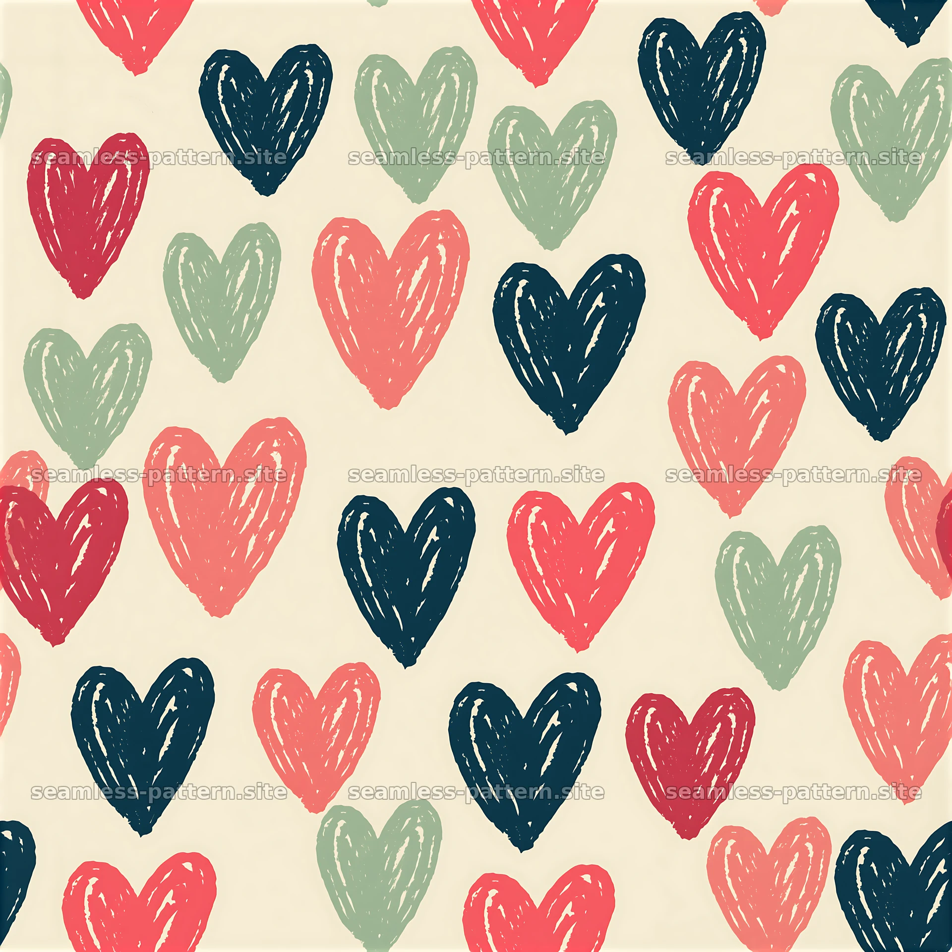 Naive heart doodles seamless pattern with colorful hearts — seamless tileable pattern at 8192x8192