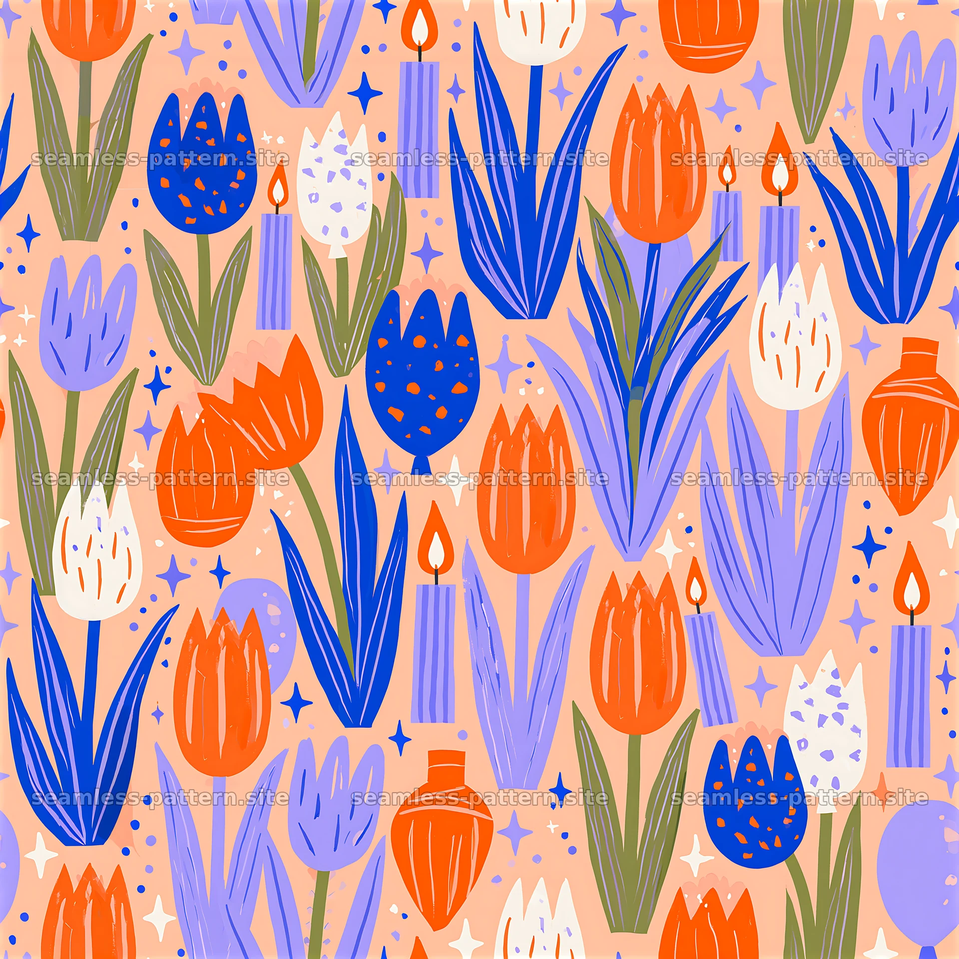 Colorful floral seamless pattern with candles and vases — seamless tileable pattern at 8192x8192