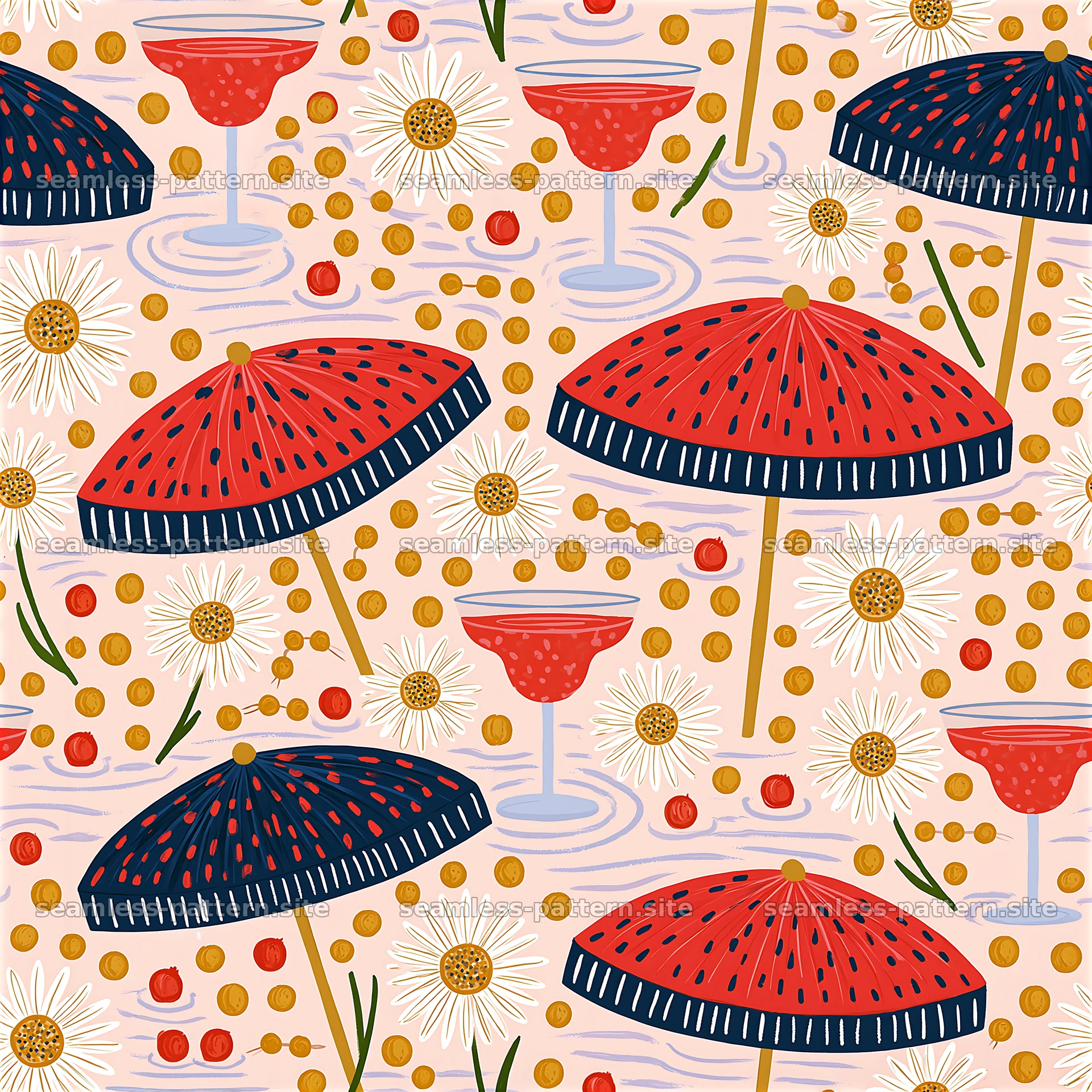 Colorful design of umbrellas and drinks in a summer pattern — seamless tileable pattern at 8192x8192