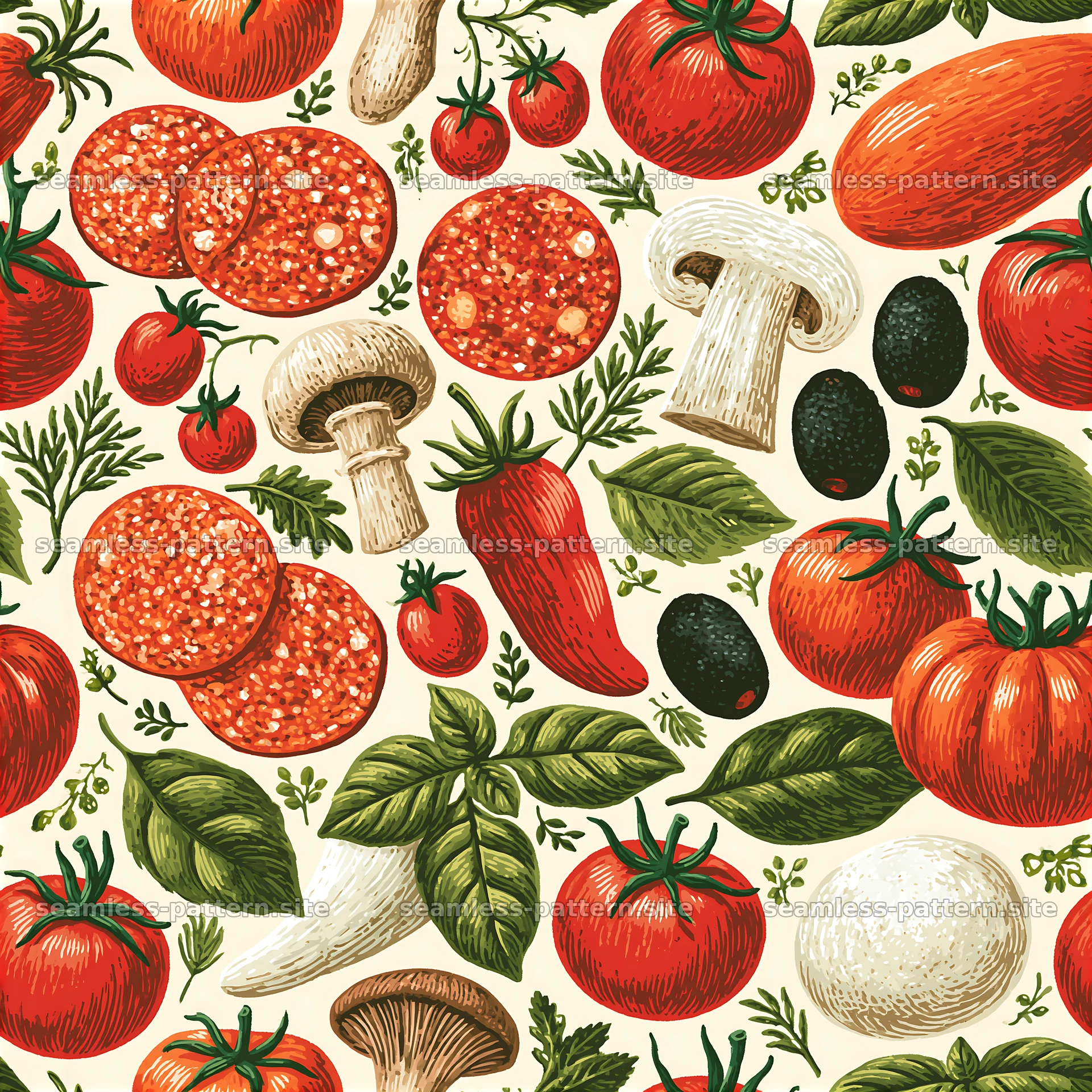 Seamless pattern with tomatoes, mushrooms and herbs — seamless tileable pattern at 8192x8192