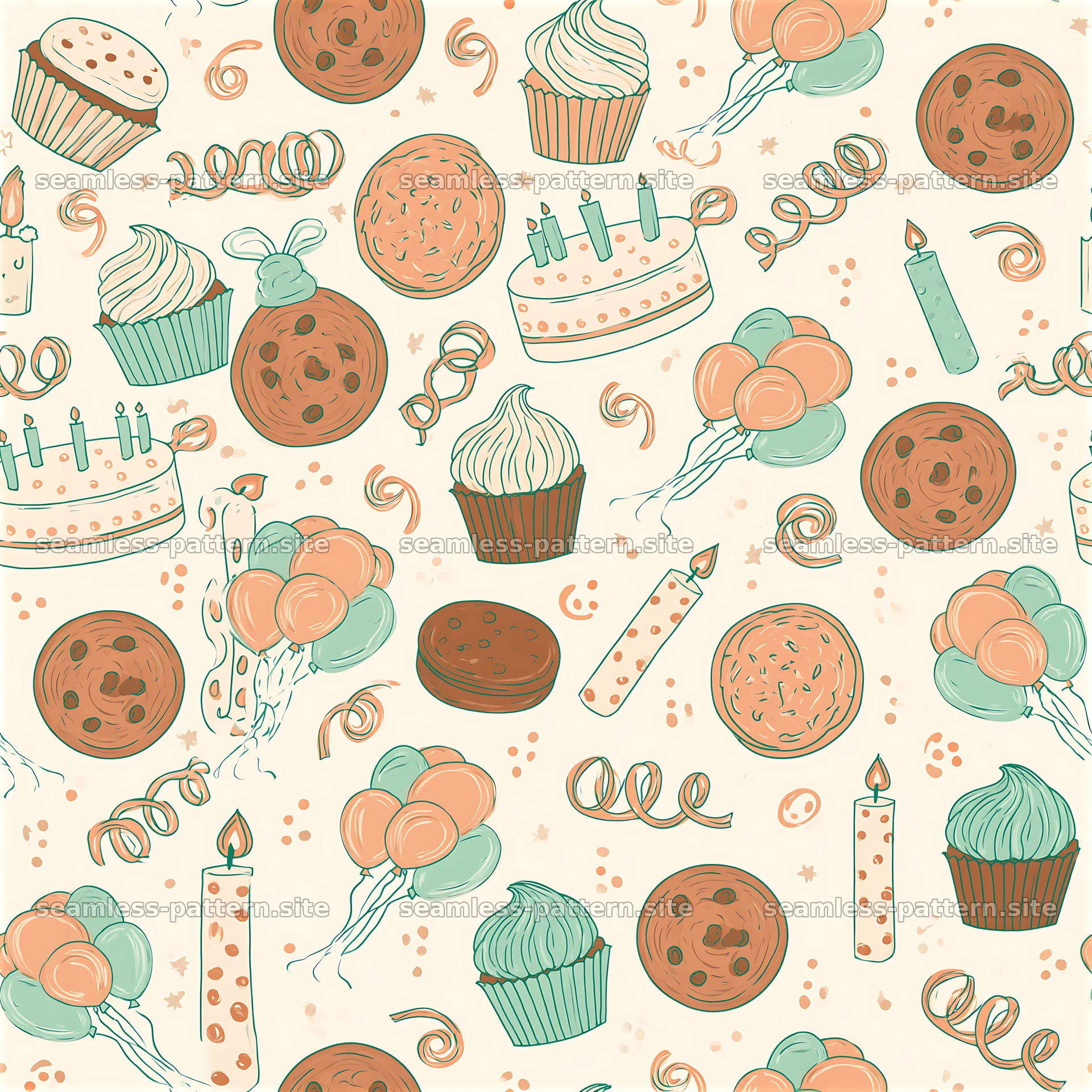 Birthday Party Treats and Balloons Seamless Pattern — seamless tileable pattern at 8192x8192