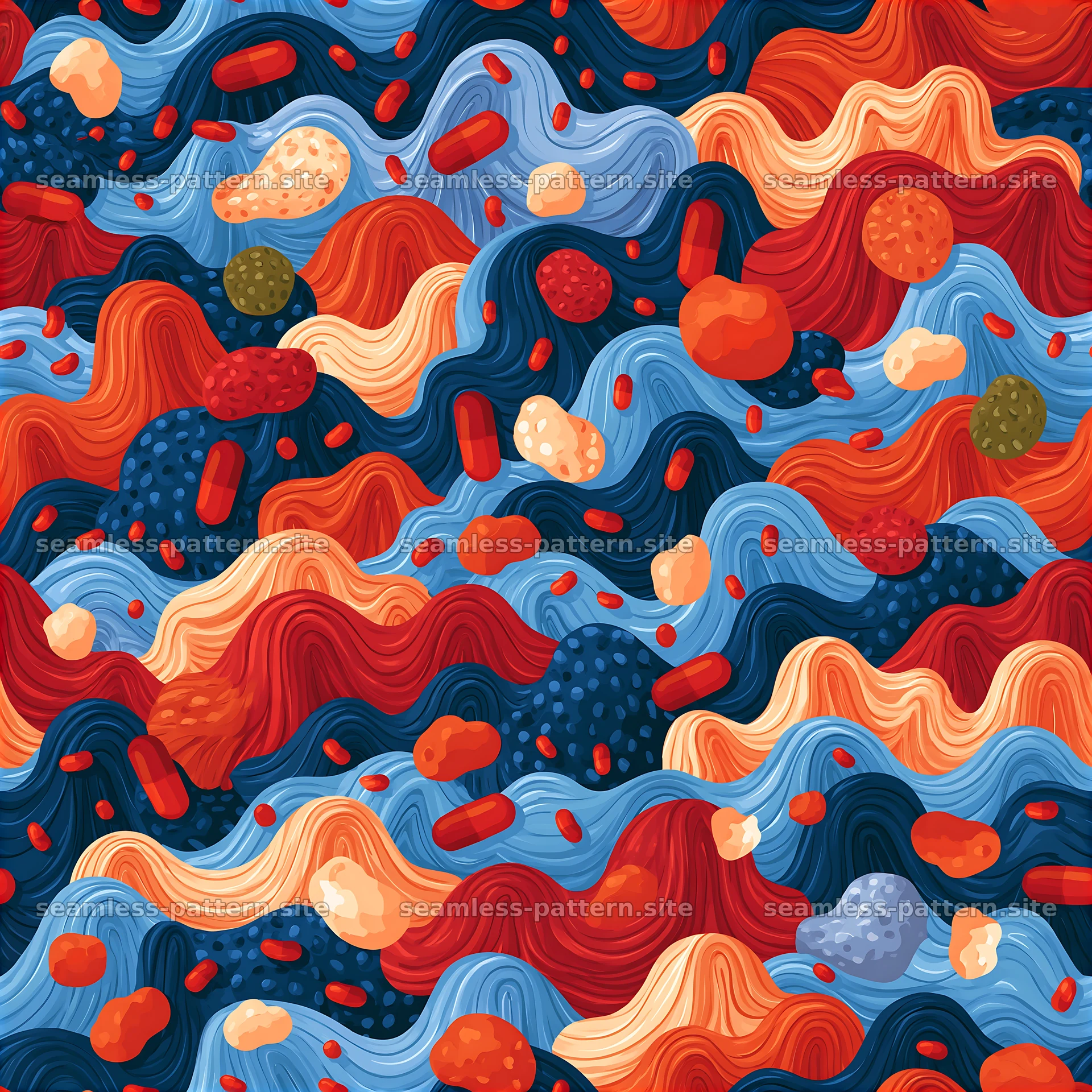 Colorful abstract seamless pattern with waves and shapes — seamless tileable pattern at 8192x8192