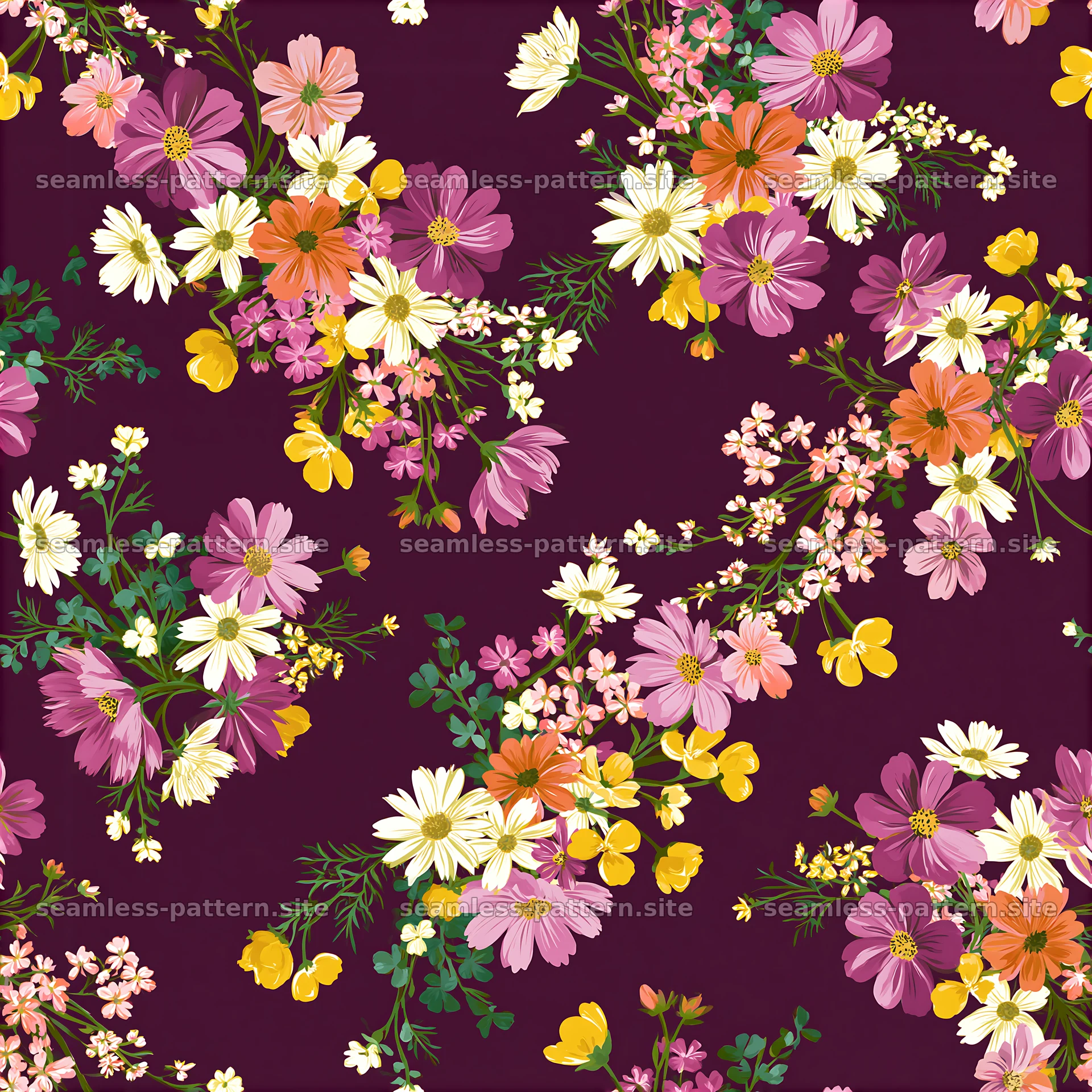 Colorful wildflower seamless pattern on dark background with flowers — seamless tileable pattern at 8192x8192