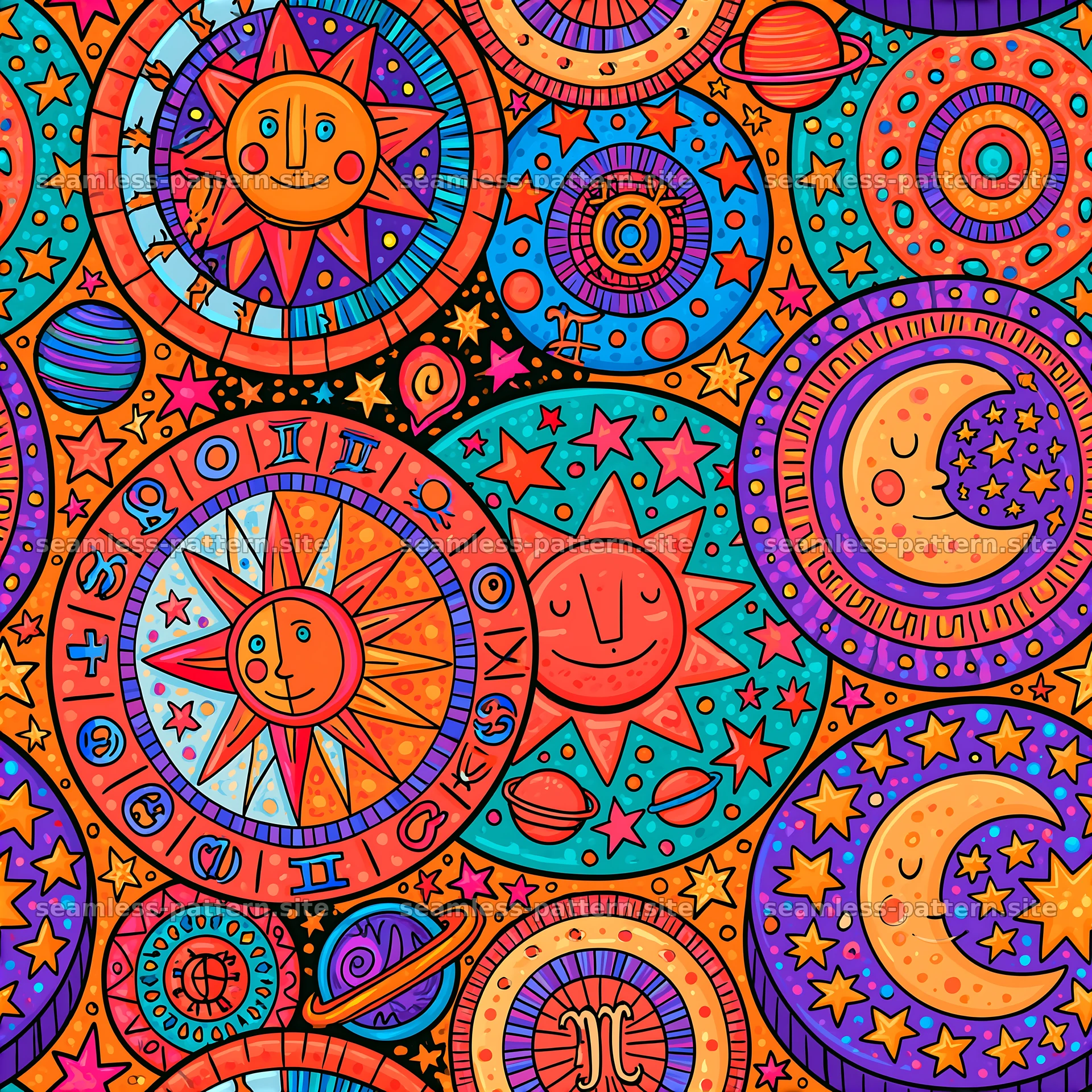 Colorful astrology seamless pattern with celestial elements — seamless tileable pattern at 8192x8192