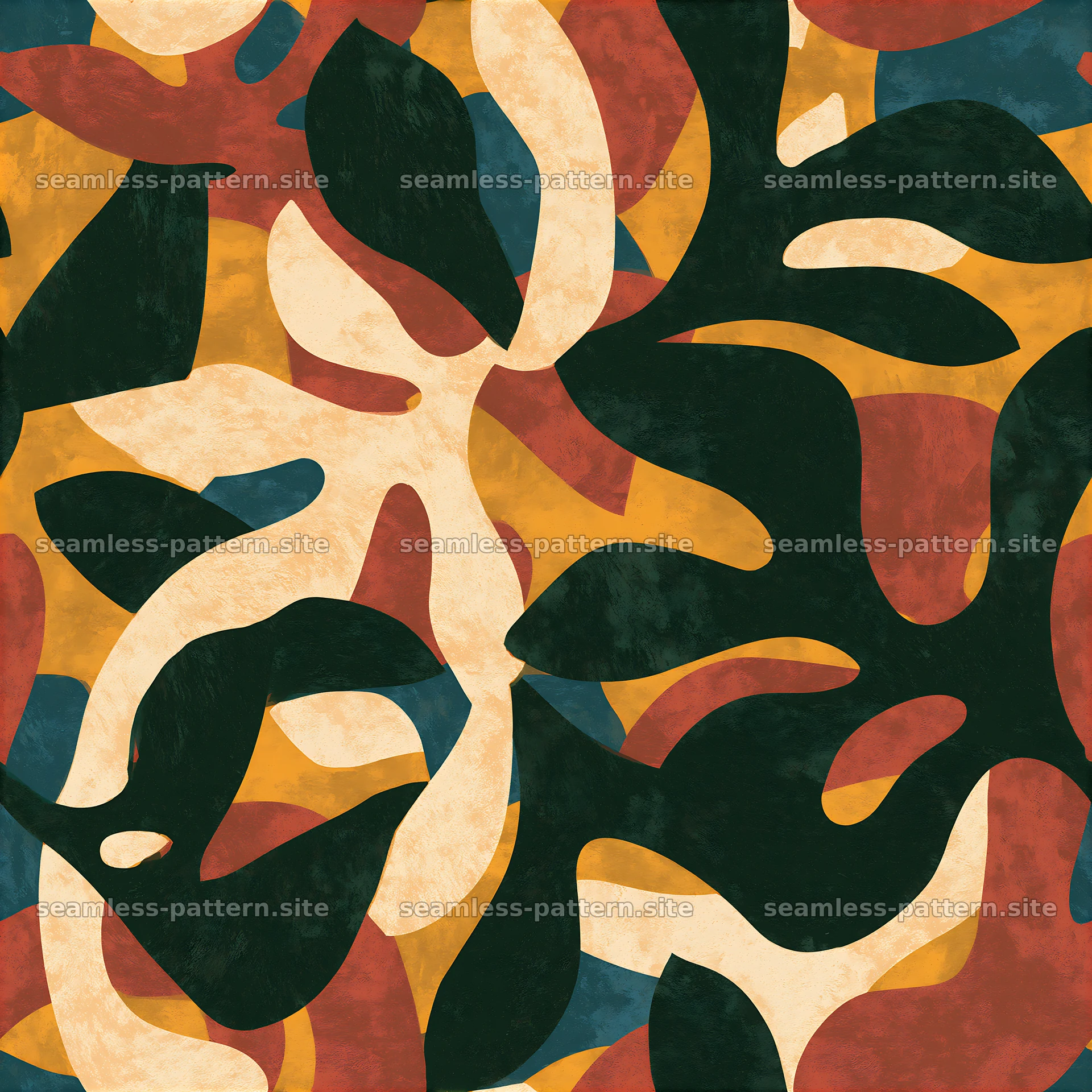 Repeating pattern with leafy camouflage forms in earthy colors — seamless tileable pattern at 8192x8192