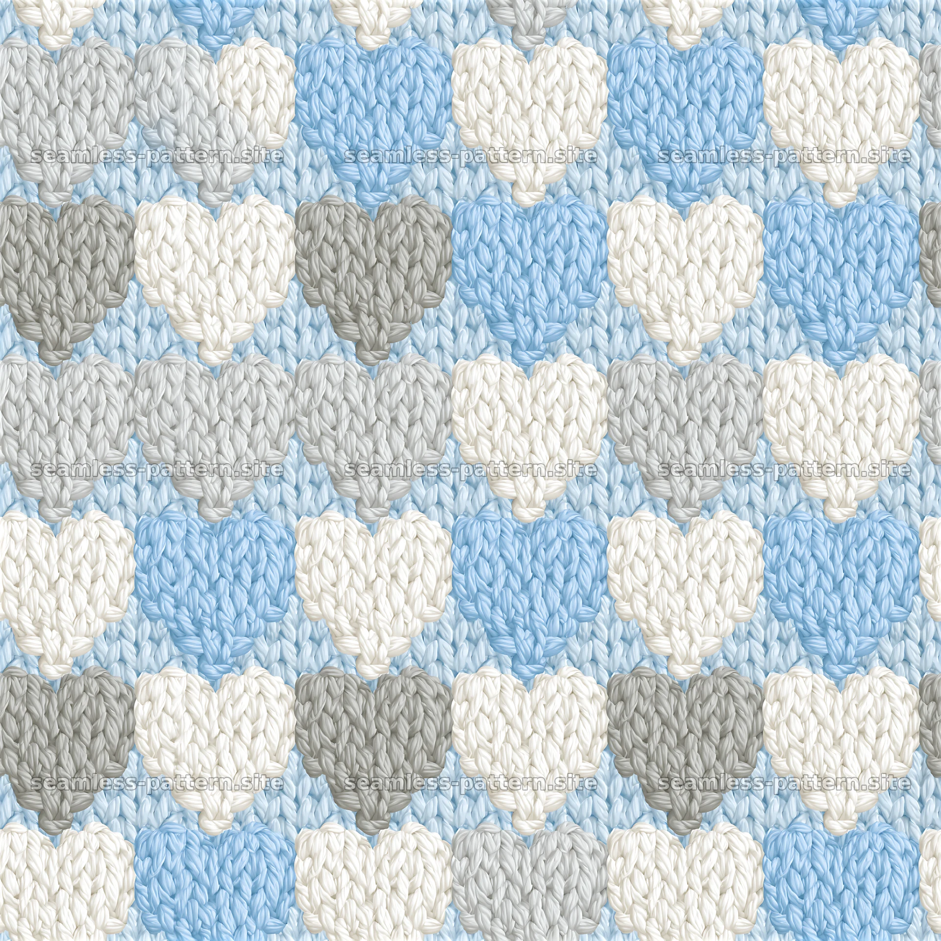 Knitted hearts in soft blue, gray, and white seamless pattern — seamless tileable pattern at 8192x8192