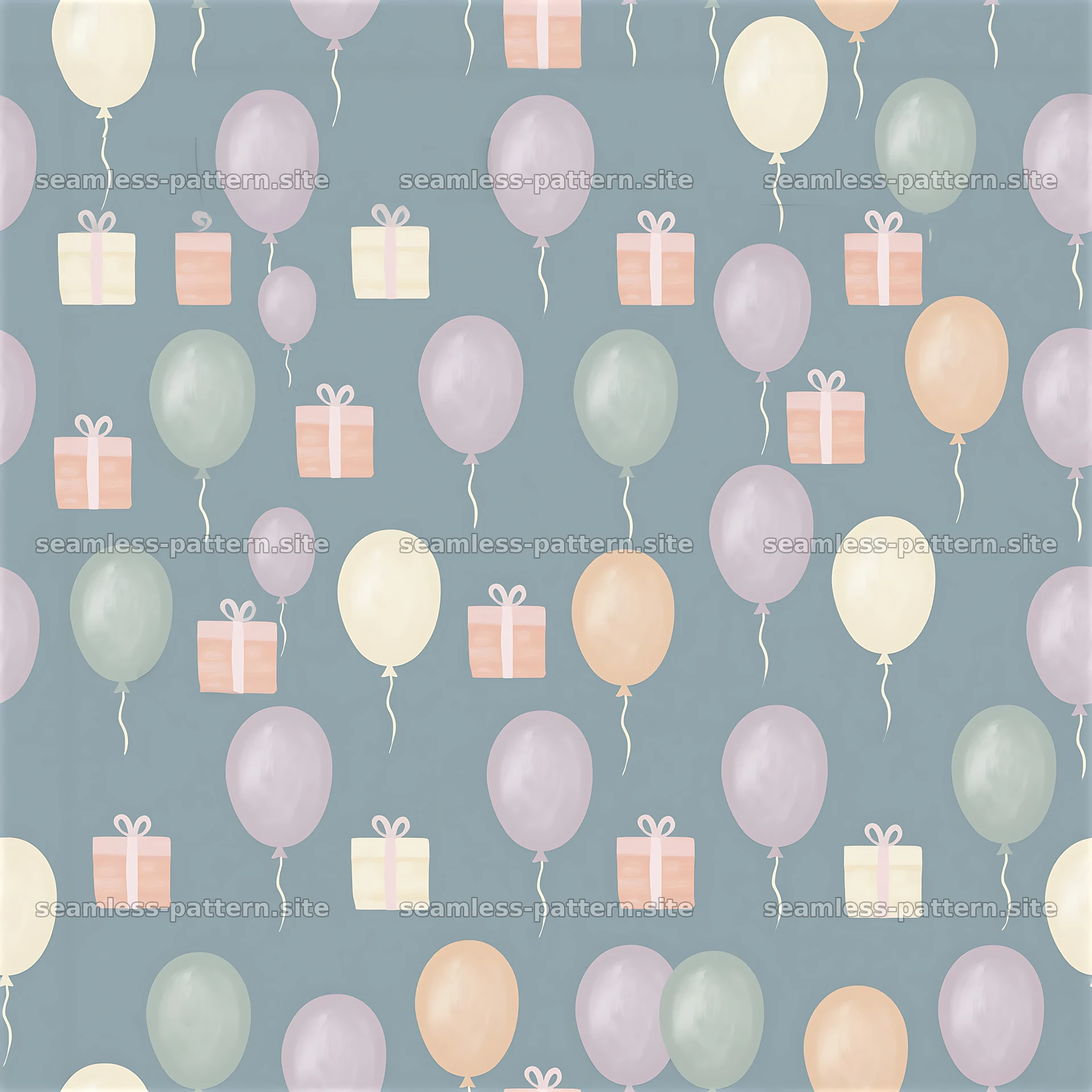 Seamless pattern with balloons and presents in soft pastel colors — seamless tileable pattern at 8192x8192