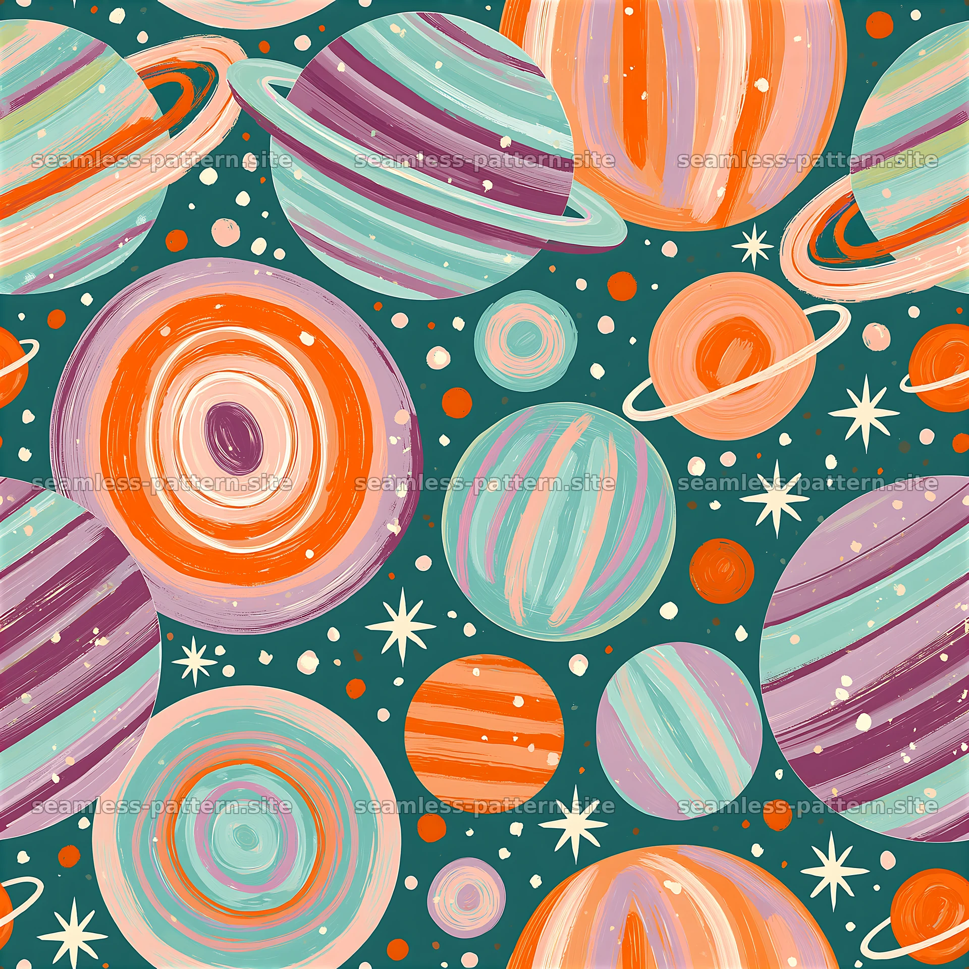 Colorful planets across dark background in seamless pattern design — seamless tileable pattern at 8192x8192