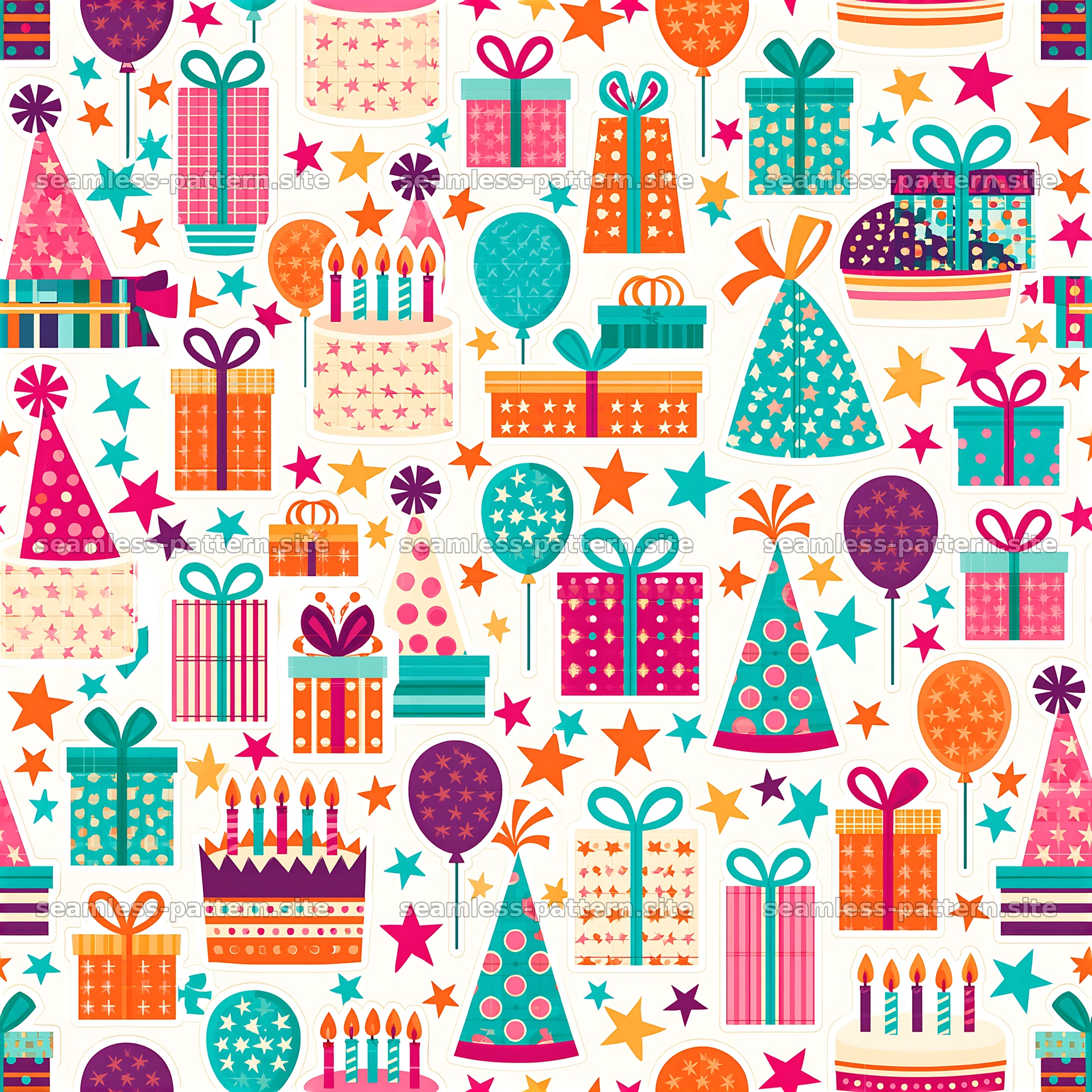 Colorful Birthday Party Gift and Cake Seamless Pattern — seamless tileable pattern at 8192x8192