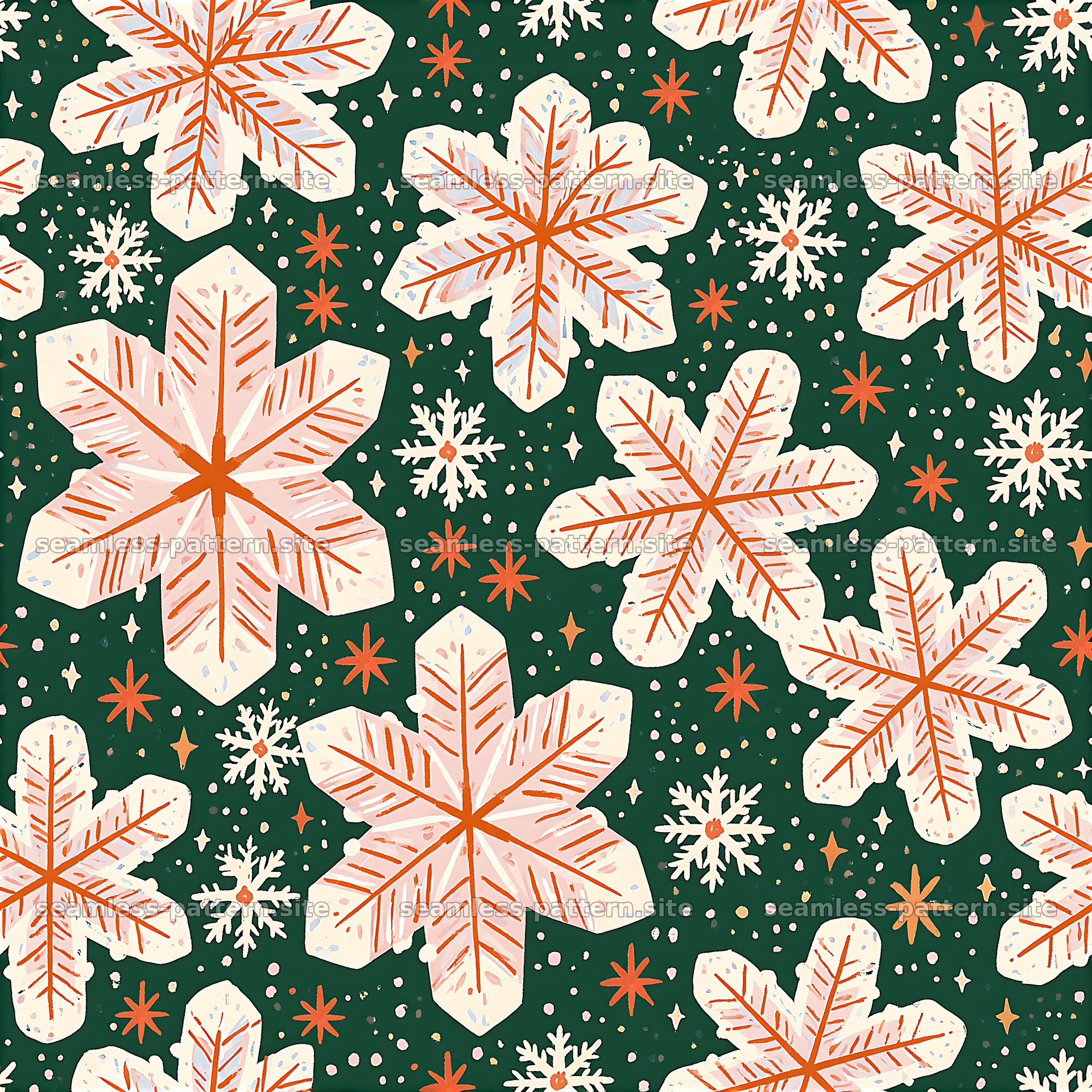 Festive snowflake pattern with stars and dots on a dark background — seamless tileable pattern at 8192x8192