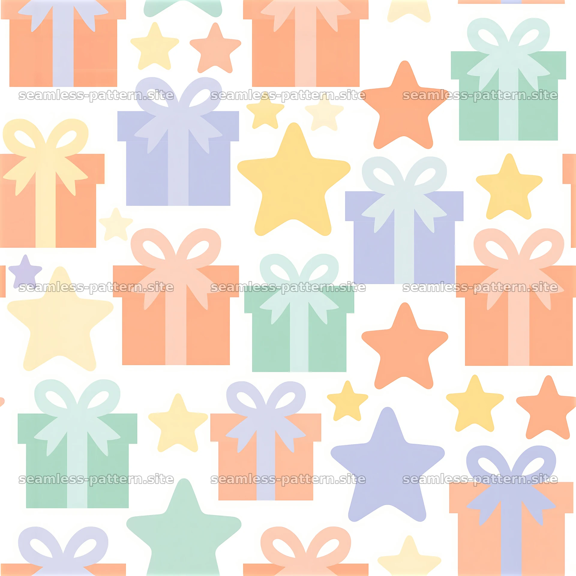 Colorful seamless pattern with gift boxes and stars — seamless tileable pattern at 8192x8192