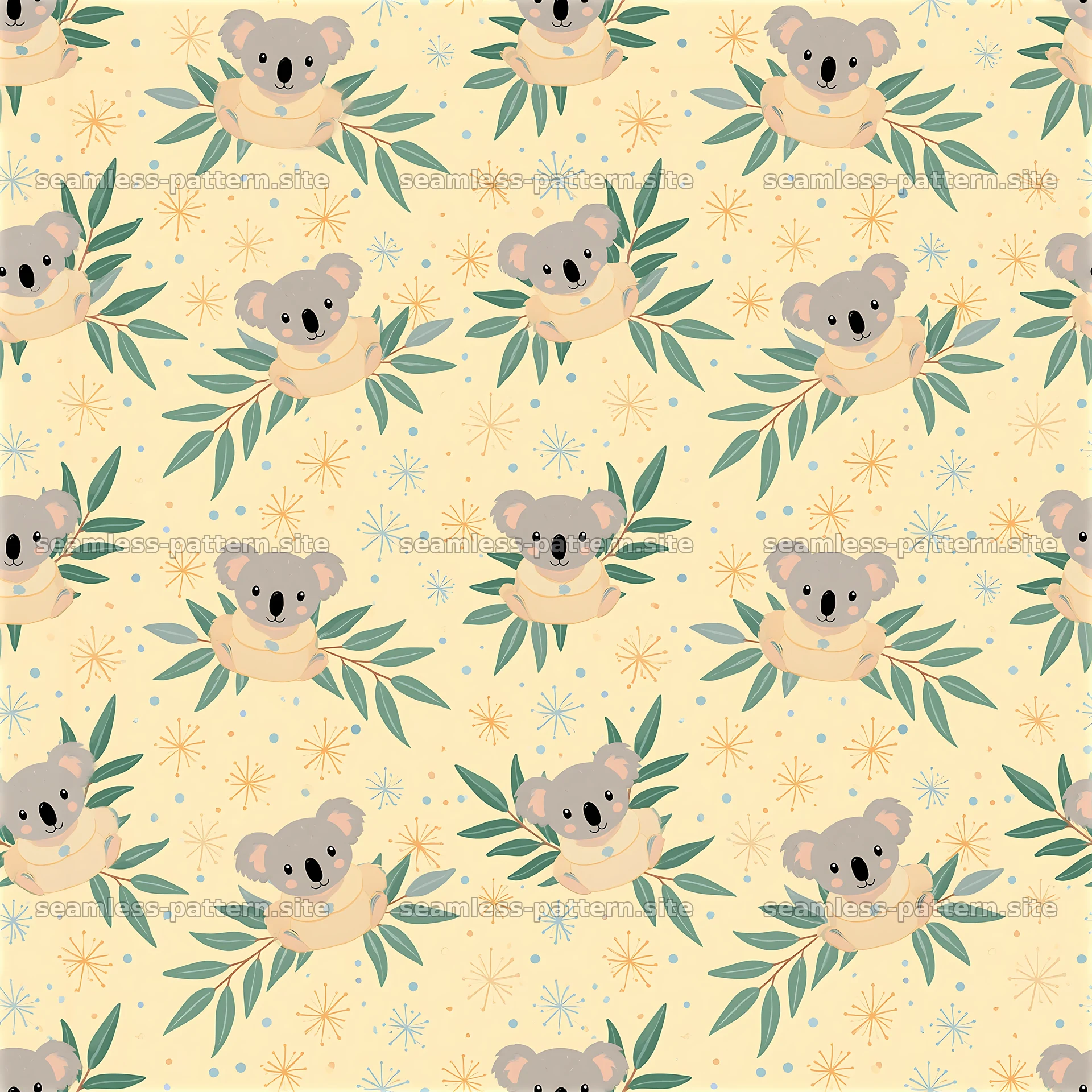 Cute koalas in a seamless pattern with leaves and stars — seamless tileable pattern at 8192x8192