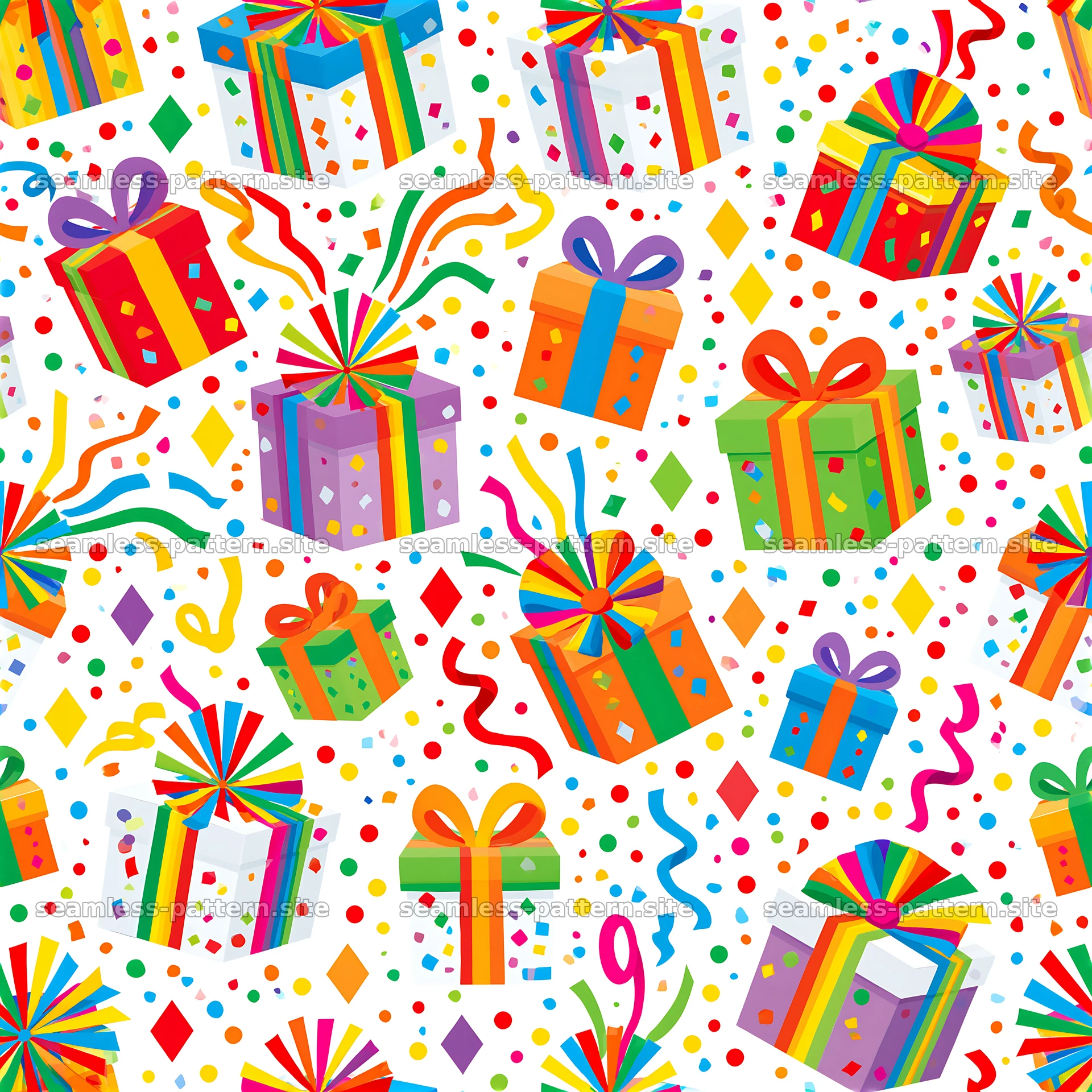 Tileable pattern with bright birthday parcels featuring colorful gifts — seamless tileable pattern at 8192x8192