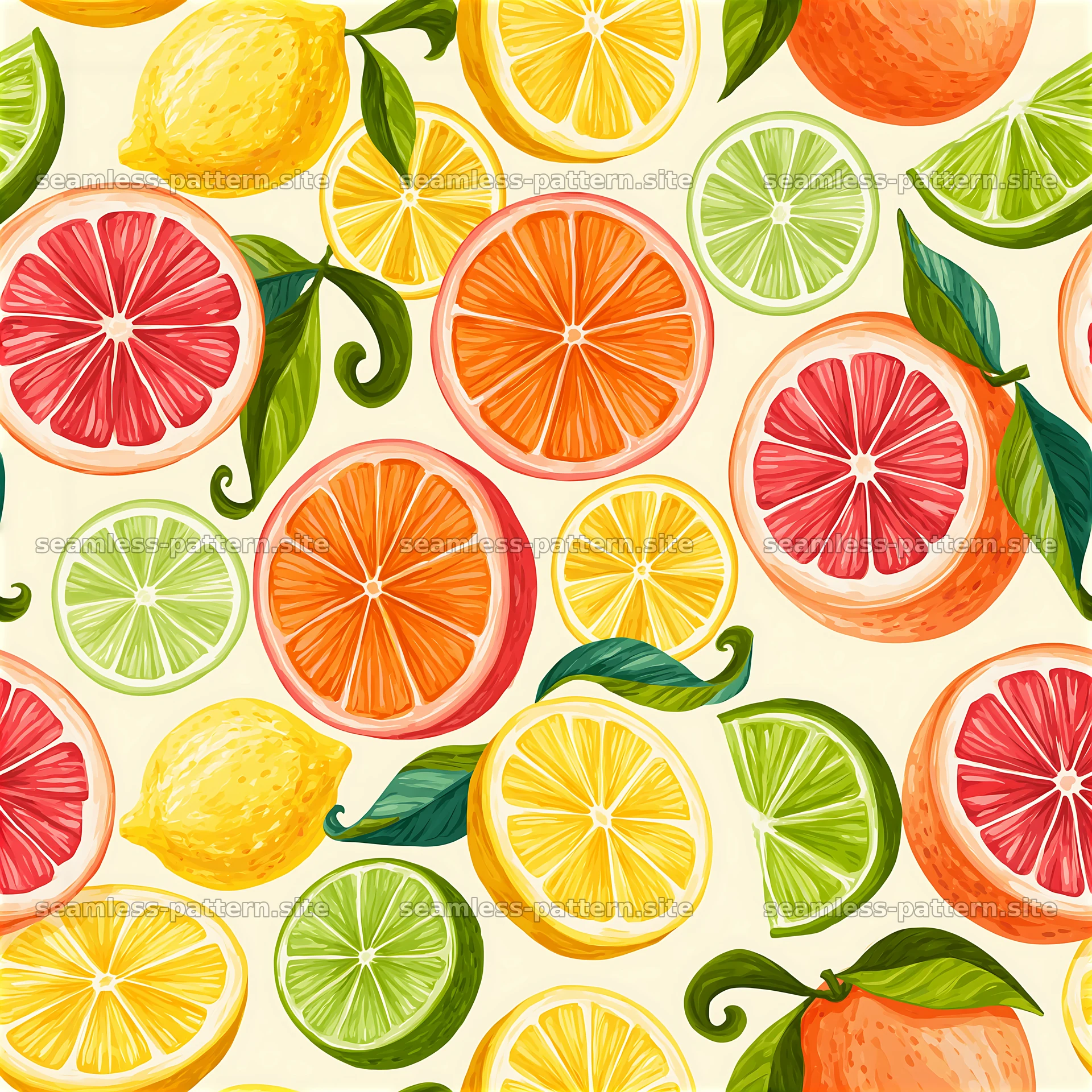 Colorful citrus seamless pattern with lemons, limes, and oranges — seamless tileable pattern at 8192x8192