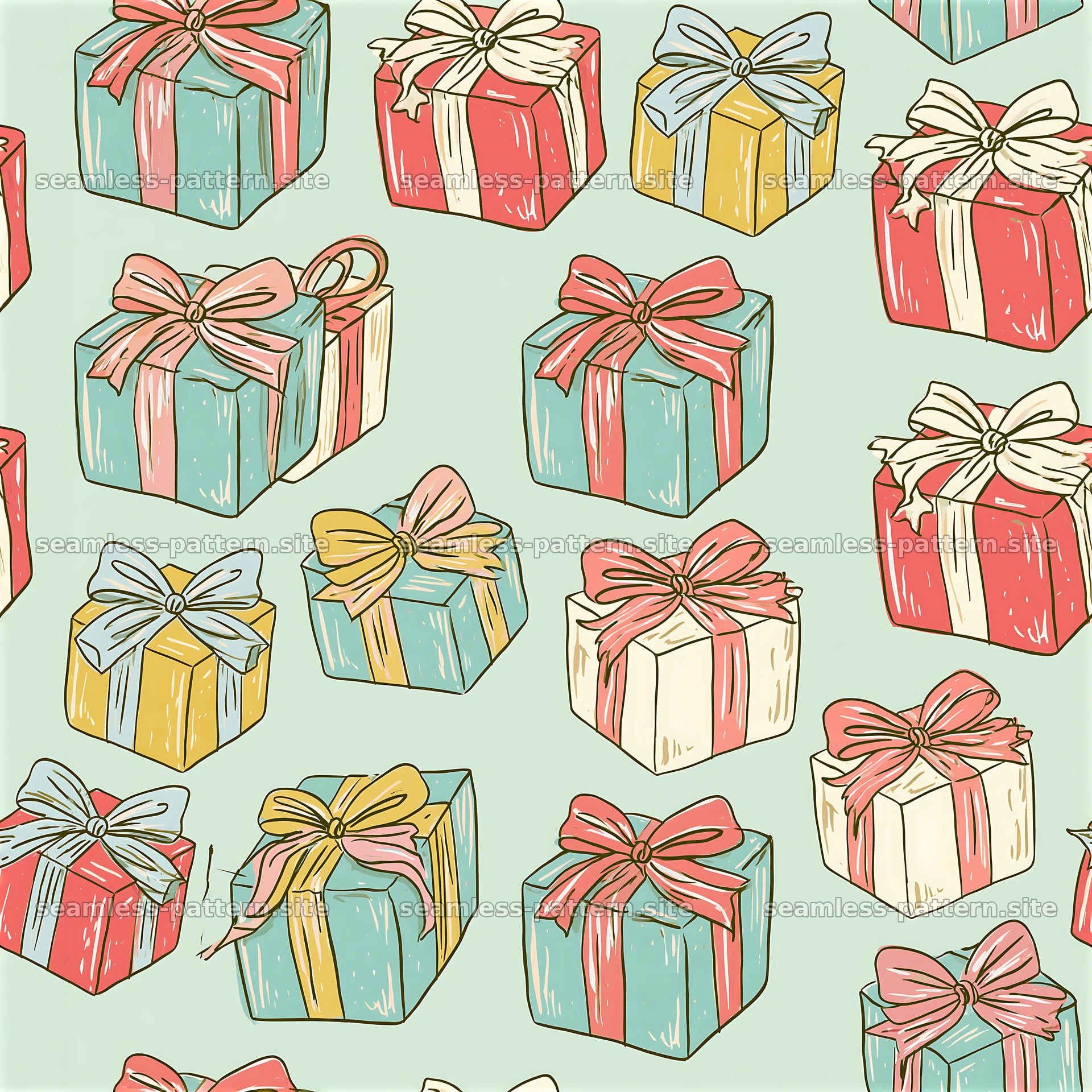 Colorful Gift Boxes with Bows Seamless Pattern — seamless tileable pattern at 8192x8192