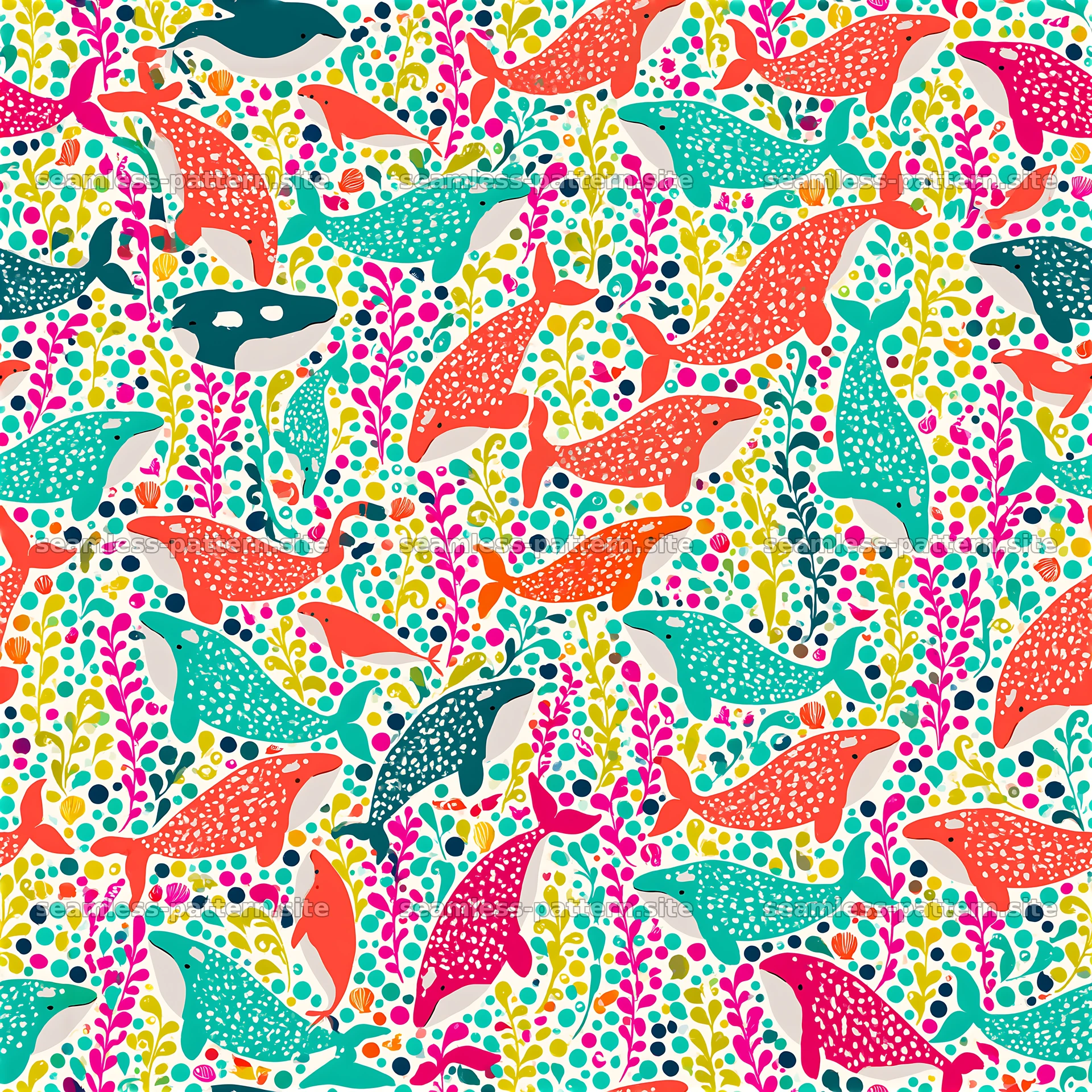 Colorful whales with plants in a seamless pattern — seamless tileable pattern at 8192x8192