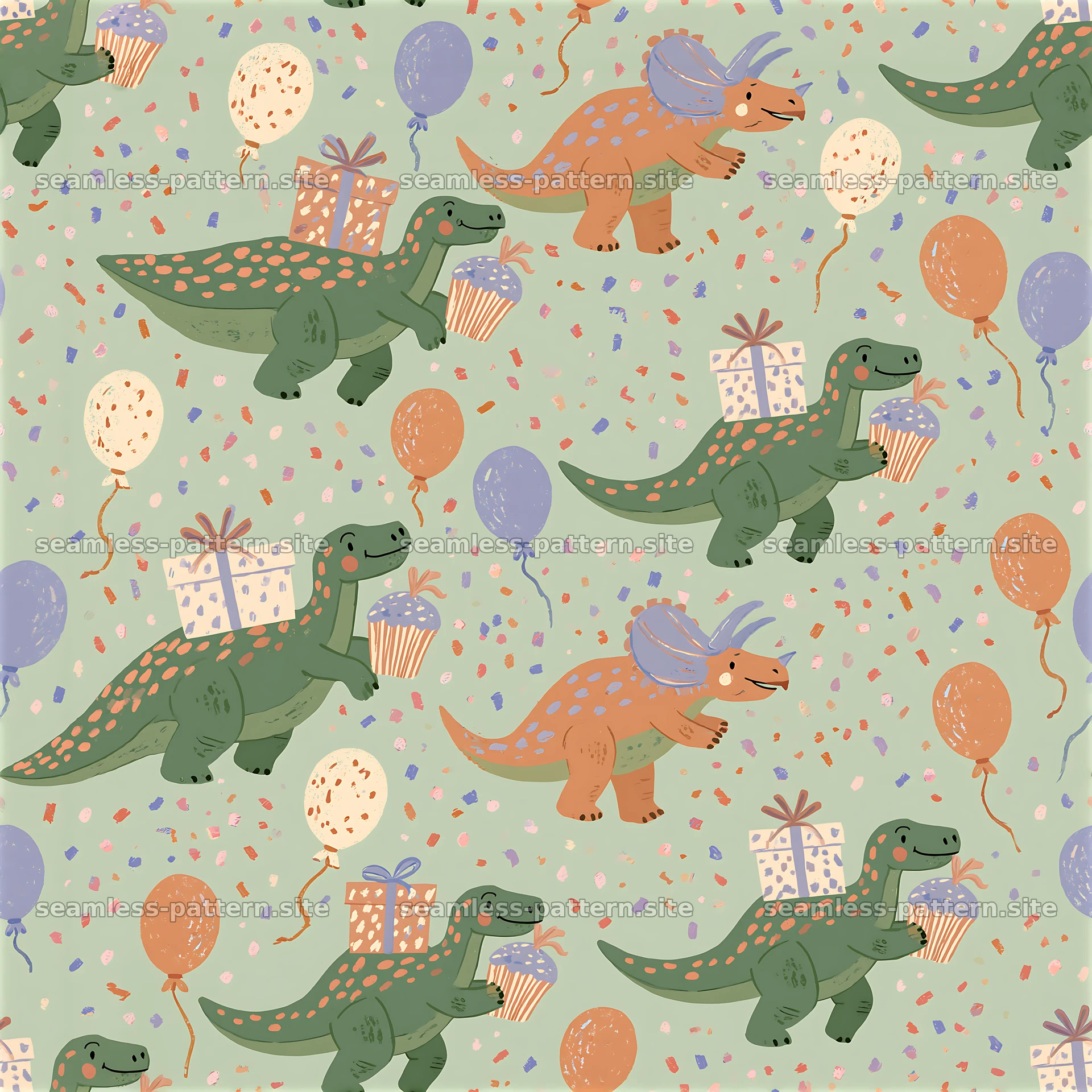 Dinosaur party theme seamless pattern for children’s clothing — seamless tileable pattern at 8192x8192