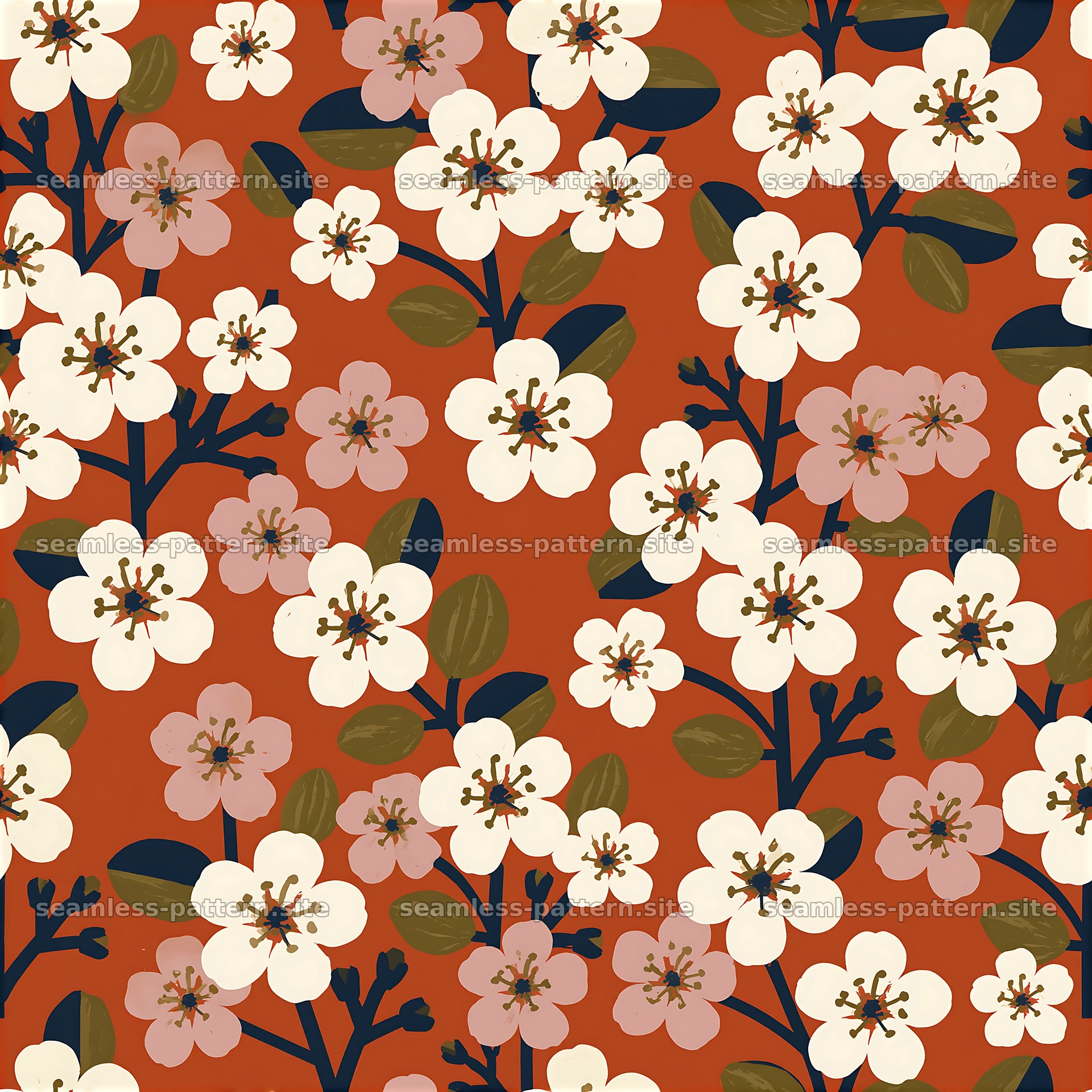 Cherry blossom repeat pattern with branches on a red background — seamless tileable pattern at 8192x8192