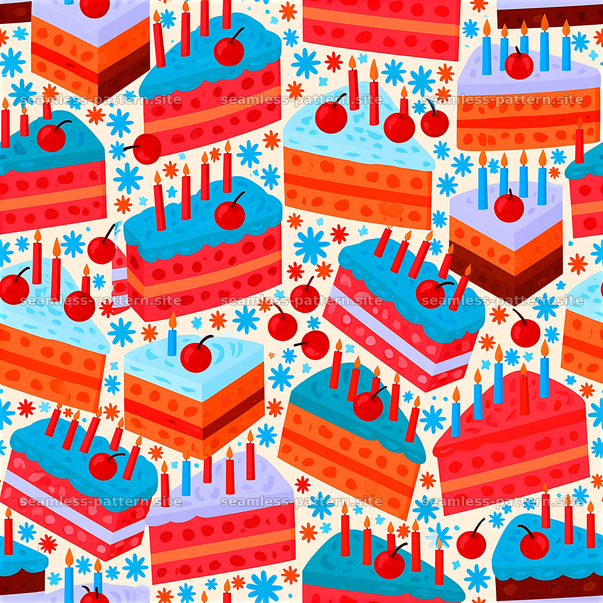 Colorful cake slices with candles in seamless pattern — seamless tileable pattern at 8192x8192