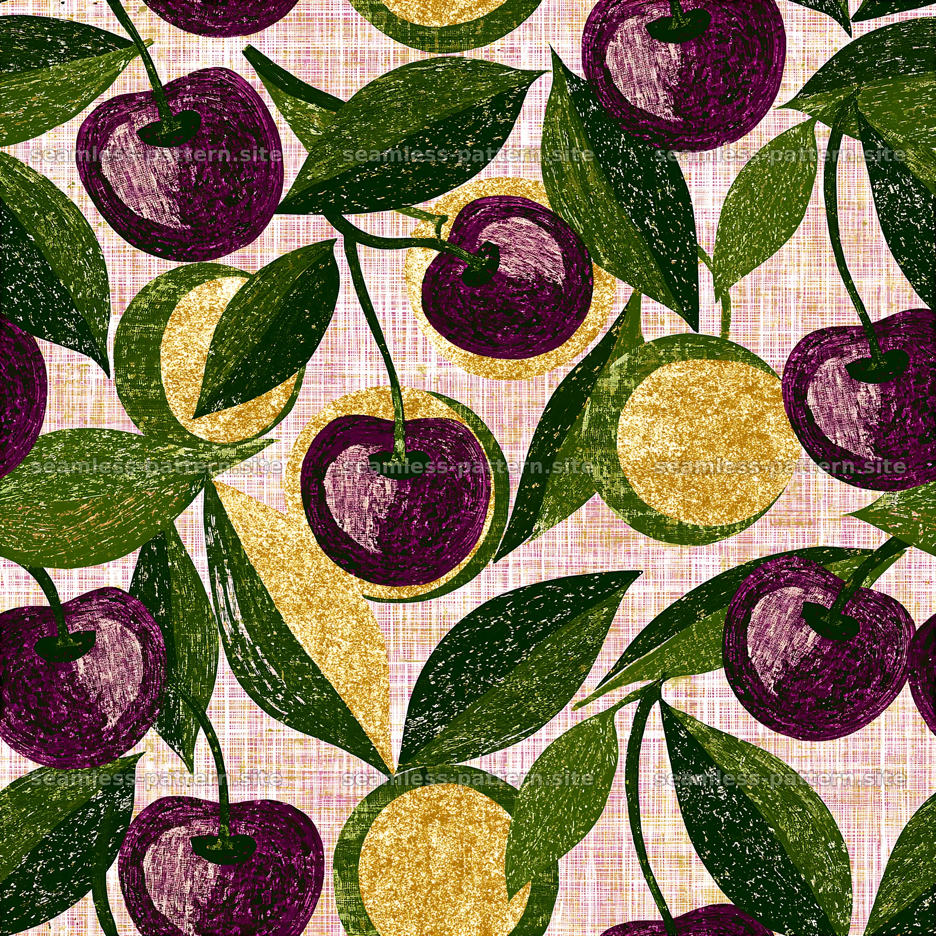 Colorful cherries and leaves on textured background seamless pattern — seamless tileable pattern at 8192x8192