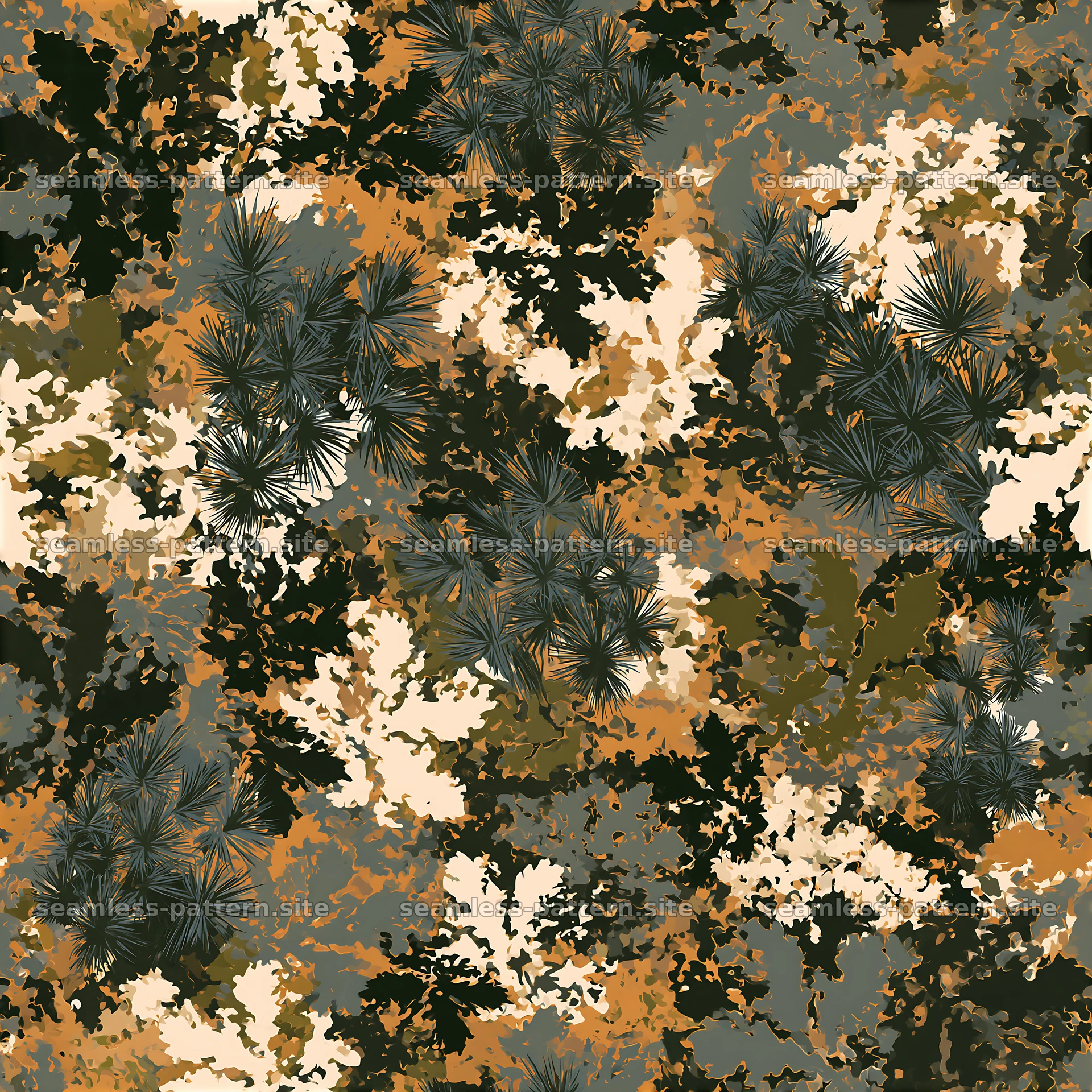 Seamless camouflage pattern with forest foliage and earthy tones — seamless tileable pattern at 8192x8192