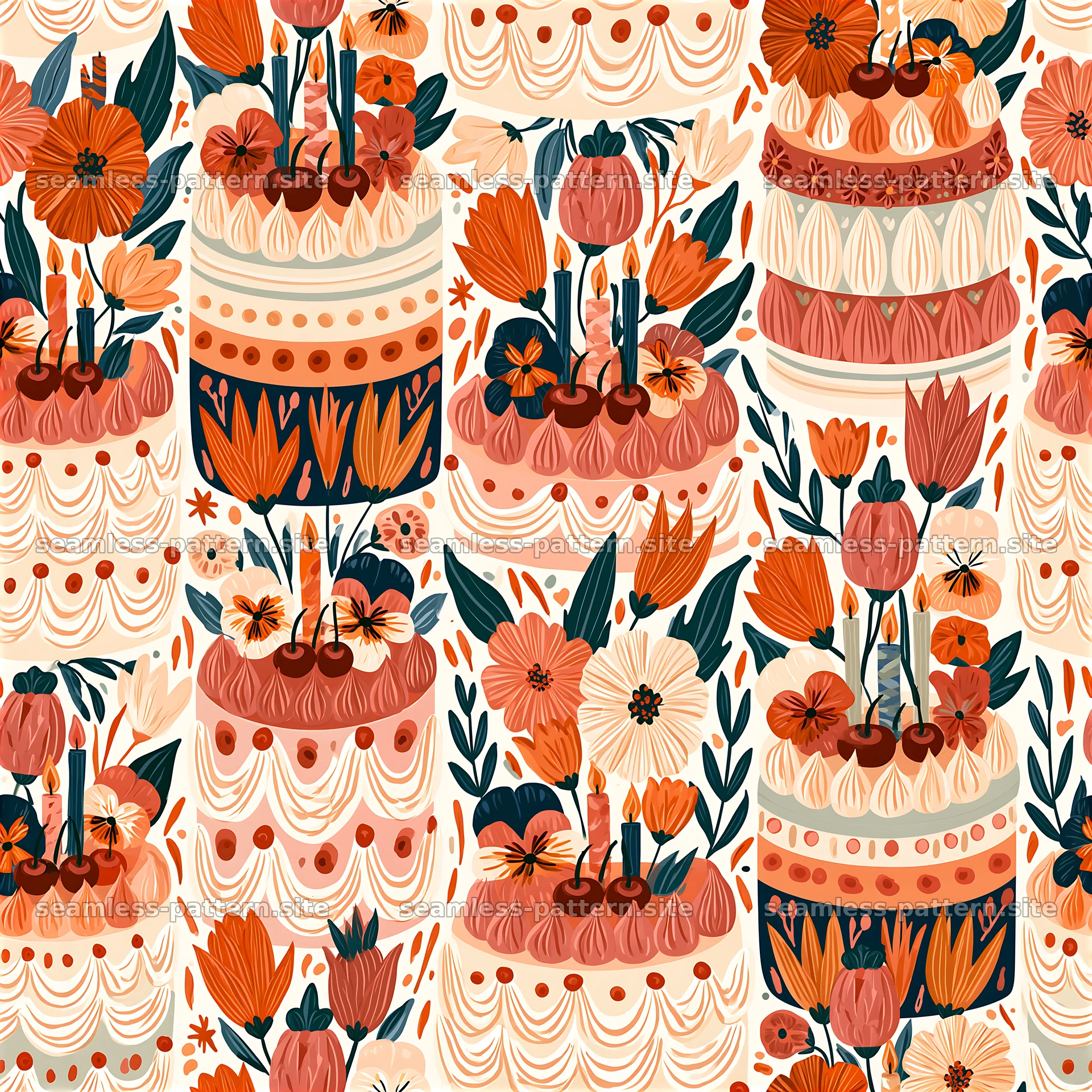 Floral birthday cake seamless pattern — seamless tileable pattern at 8192x8192