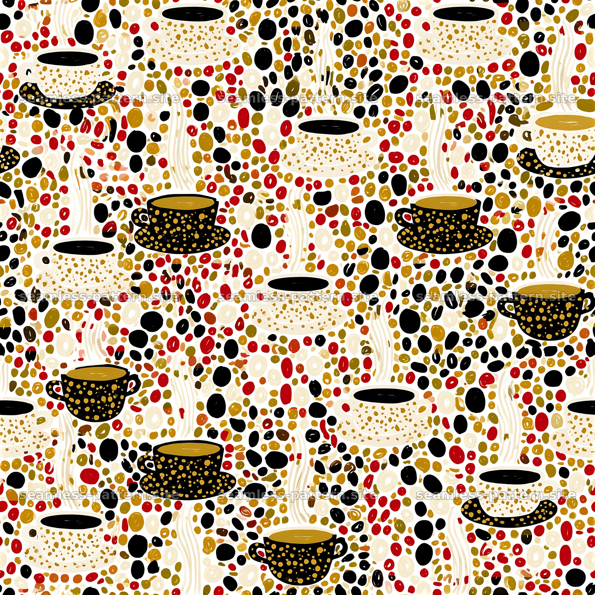 Seamless coffee cup and bean pattern in warm colors — seamless tileable pattern at 8192x8192