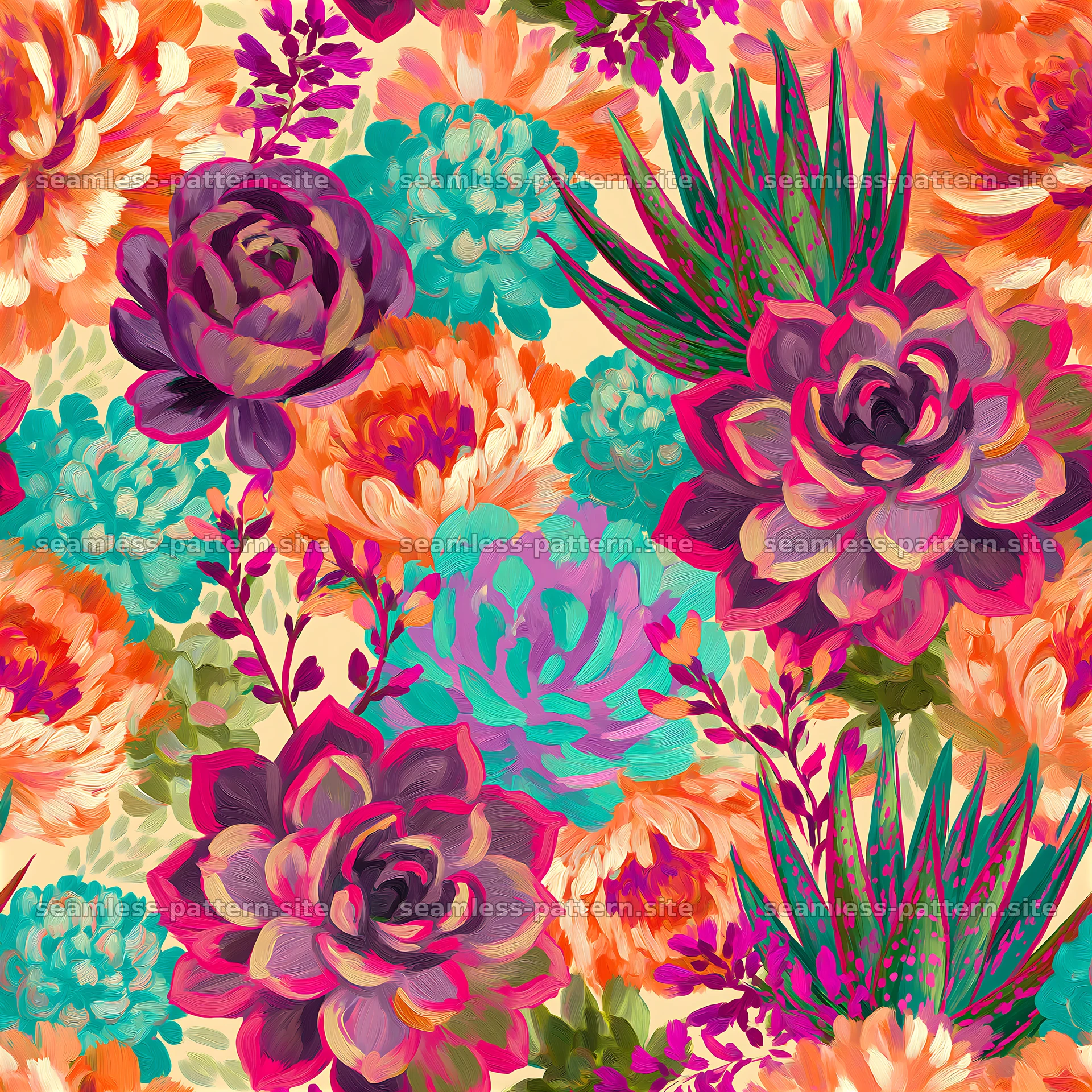 Colorful pattern of succulents and flowers on a light background — seamless tileable pattern at 8192x8192