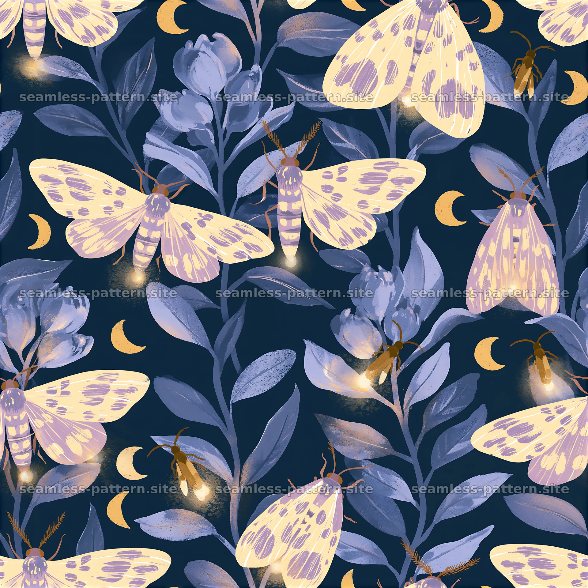 Colorful seamless pattern of moths and flowers on dark background — seamless tileable pattern at 8192x8192