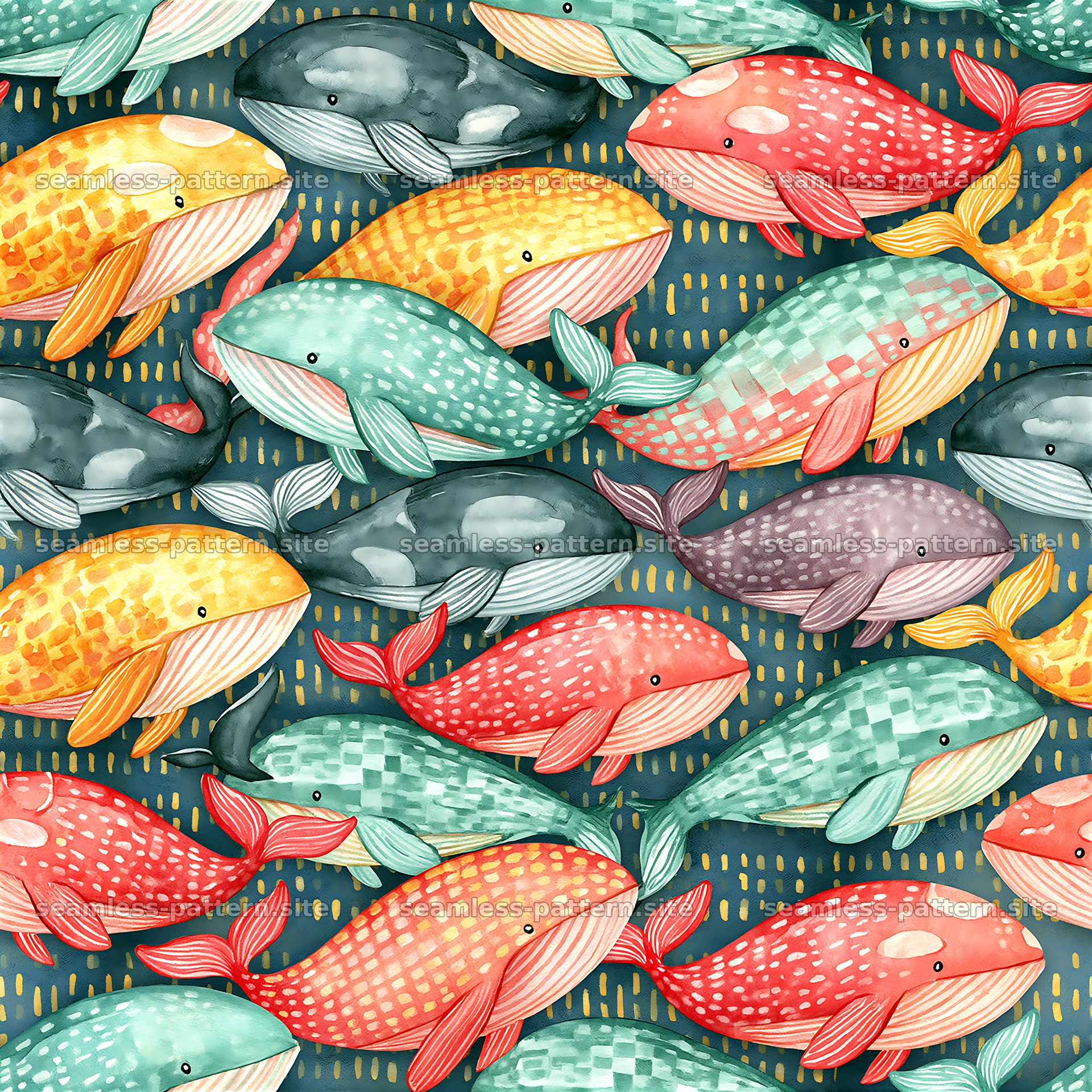 Colorful whale pattern in vibrant colors on dark background — seamless tileable pattern at 8192x8192