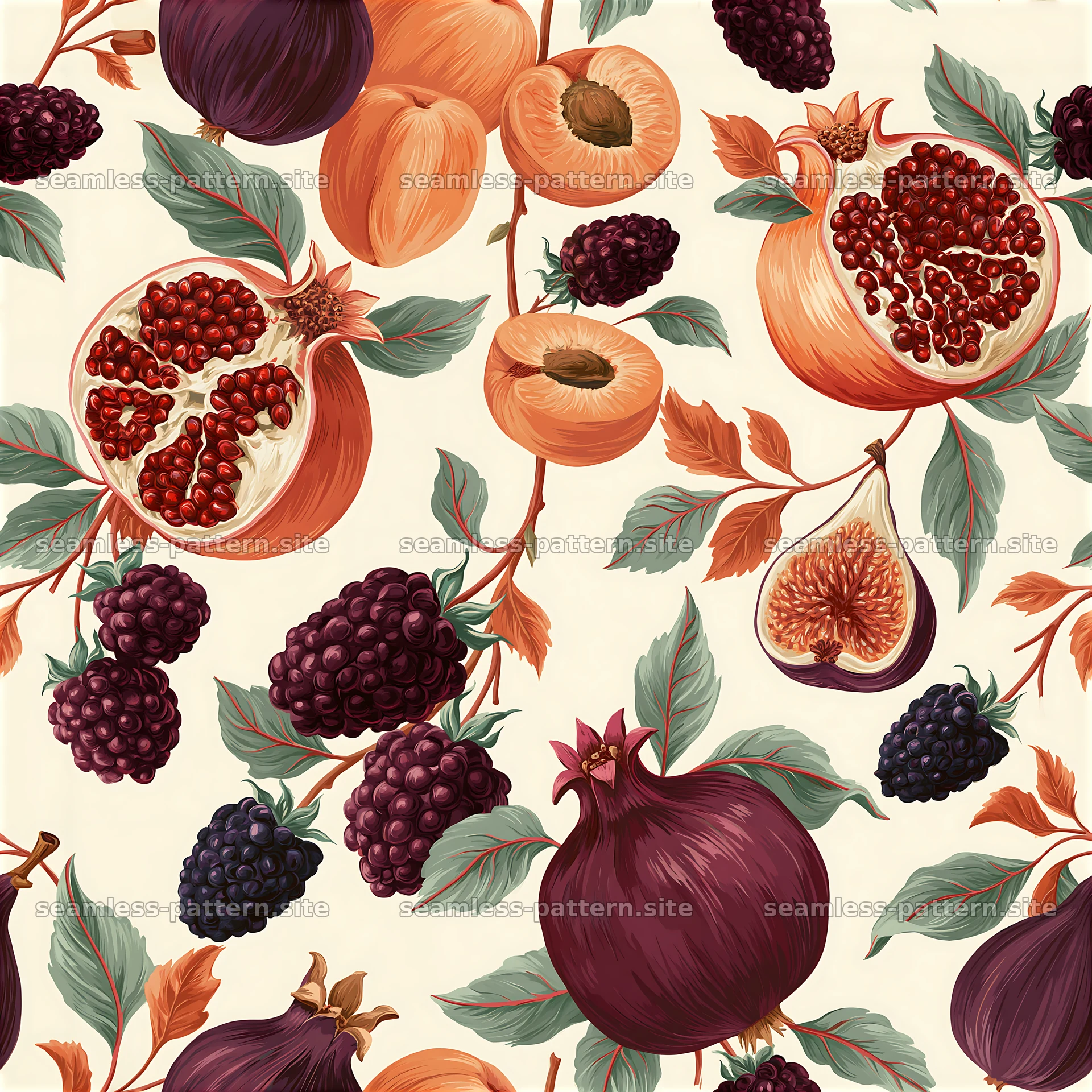 Colorful fruit seamless pattern with various fruits and leaves — seamless tileable pattern at 8192x8192