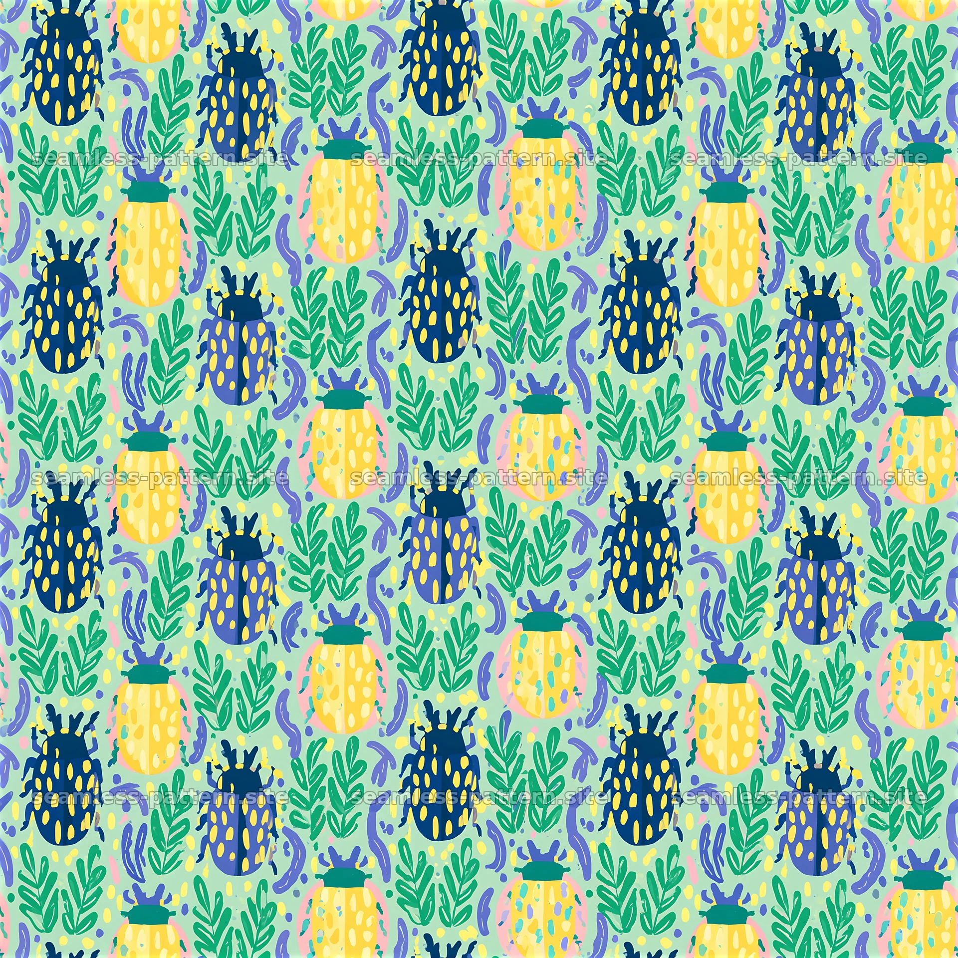 Colorful beetles and plant seamless pattern for creative projects — seamless tileable pattern at 8192x8192