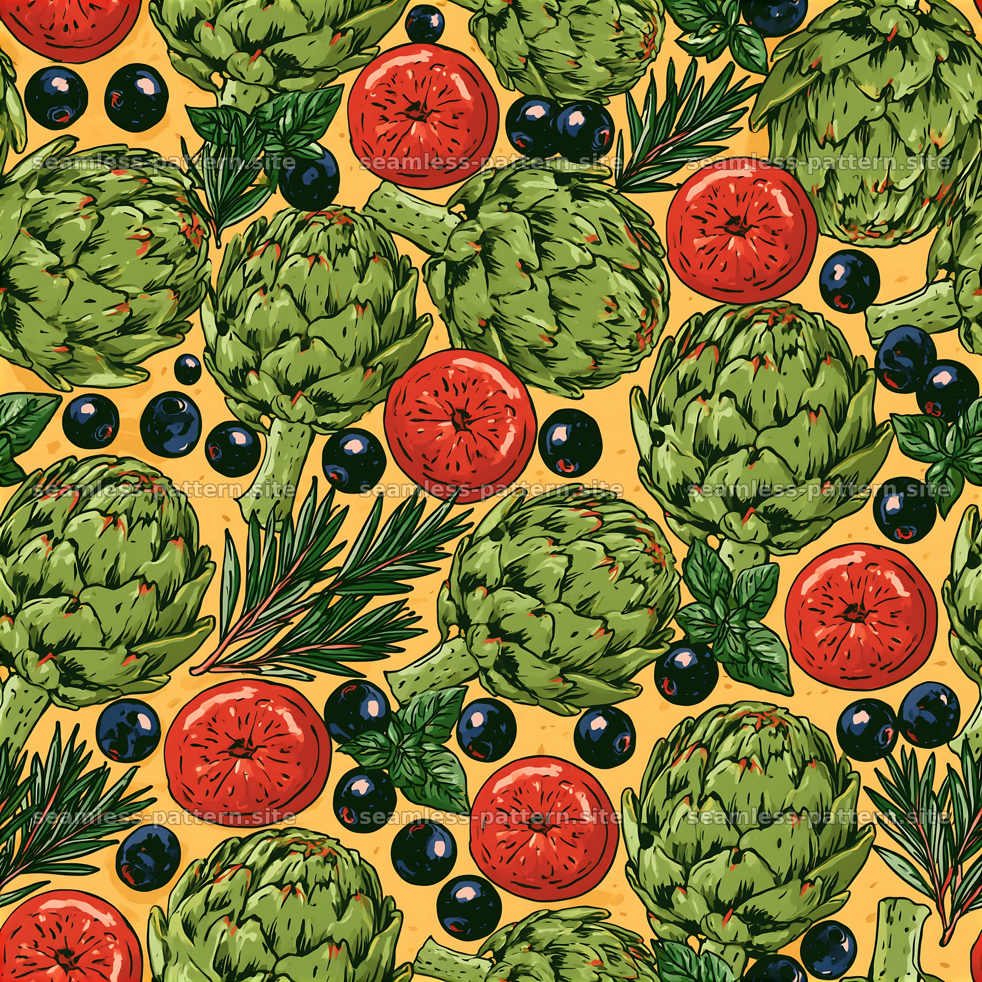 Seamless artichoke pizza pattern with tomatoes, olives, and herbs — seamless tileable pattern at 8192x8192