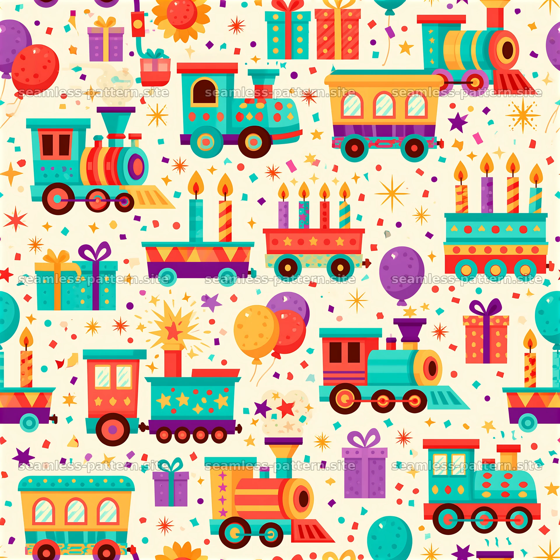 Birthday trains seamless pattern with gifts and balloons — seamless tileable pattern at 8192x8192